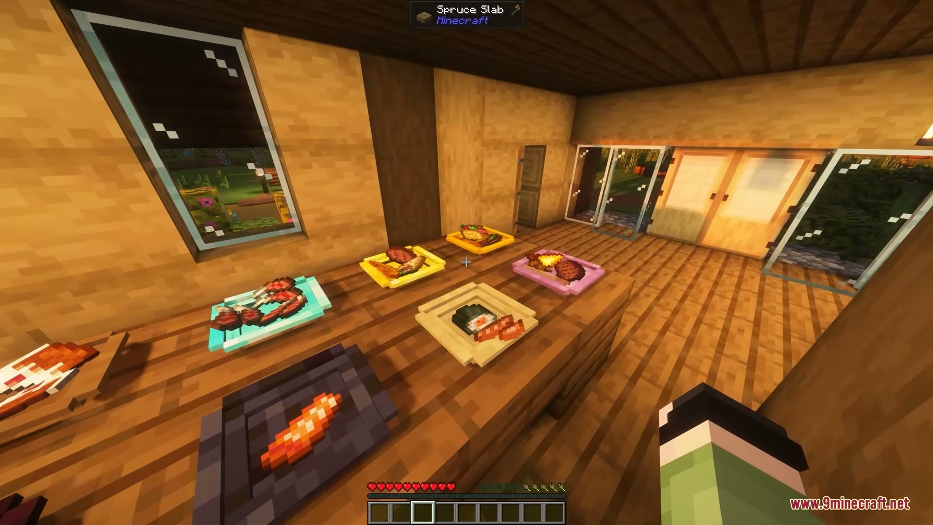 Dinnerware Mod Screenshot 7 Various food items displayed on colorful plates on a wooden dining table