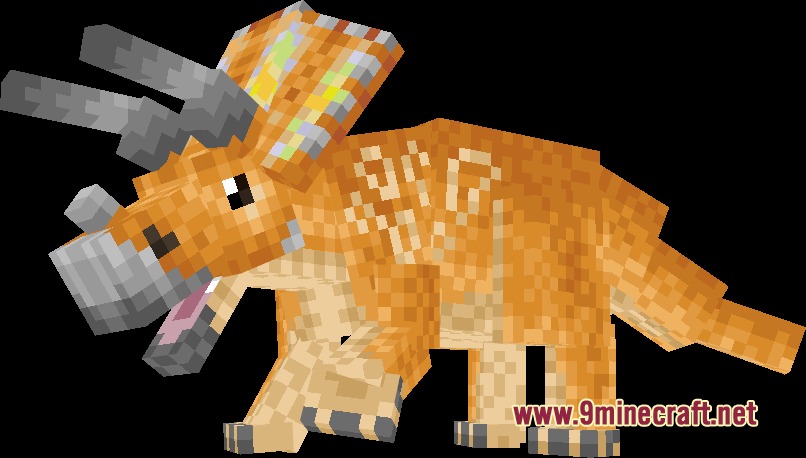 Dinosaur King Fossils and Archeology Revival Genesis Resource Pack Screenshot 5 A Minecraft Triceratops with orange skin and white patterns from Dinosaur King