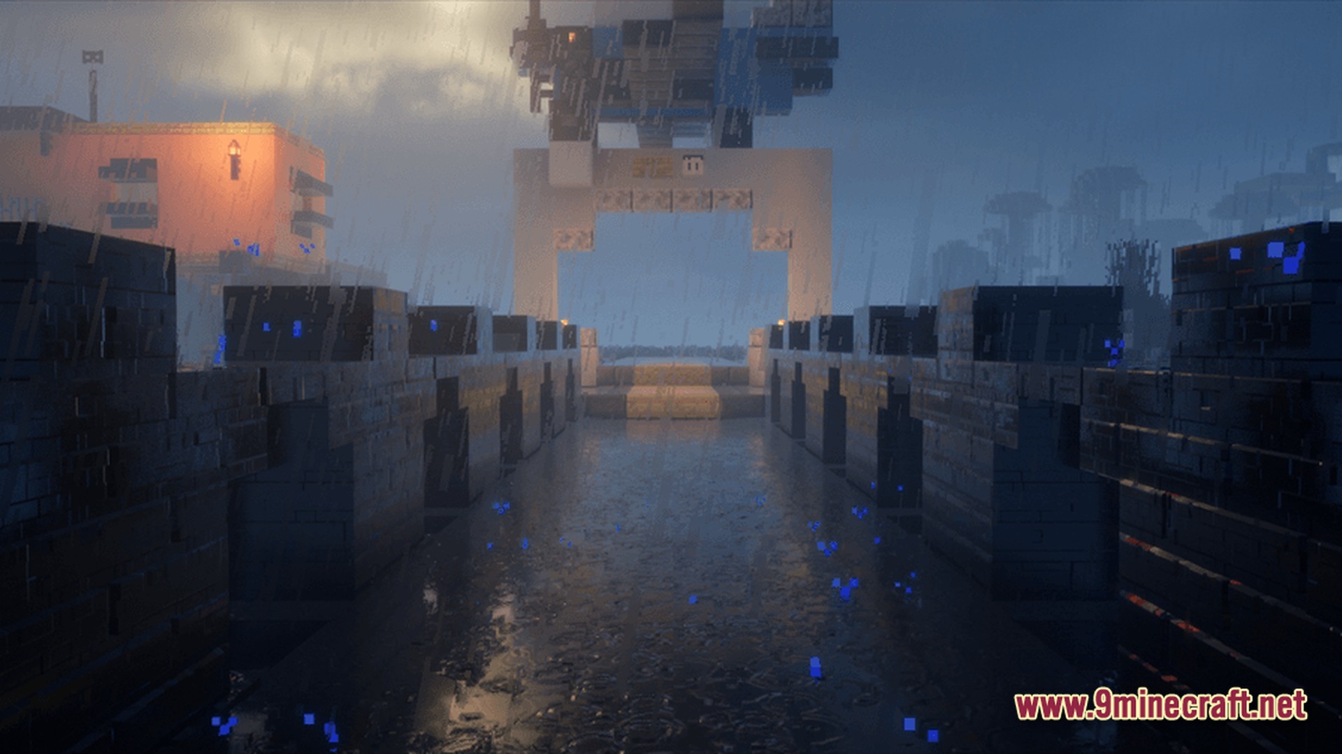 Dioses MC Enhanced Unofficial Exo Team Modpack Screenshot 9 Large industrial structures and a stone bridge under a rainy sky with realistic shader effects