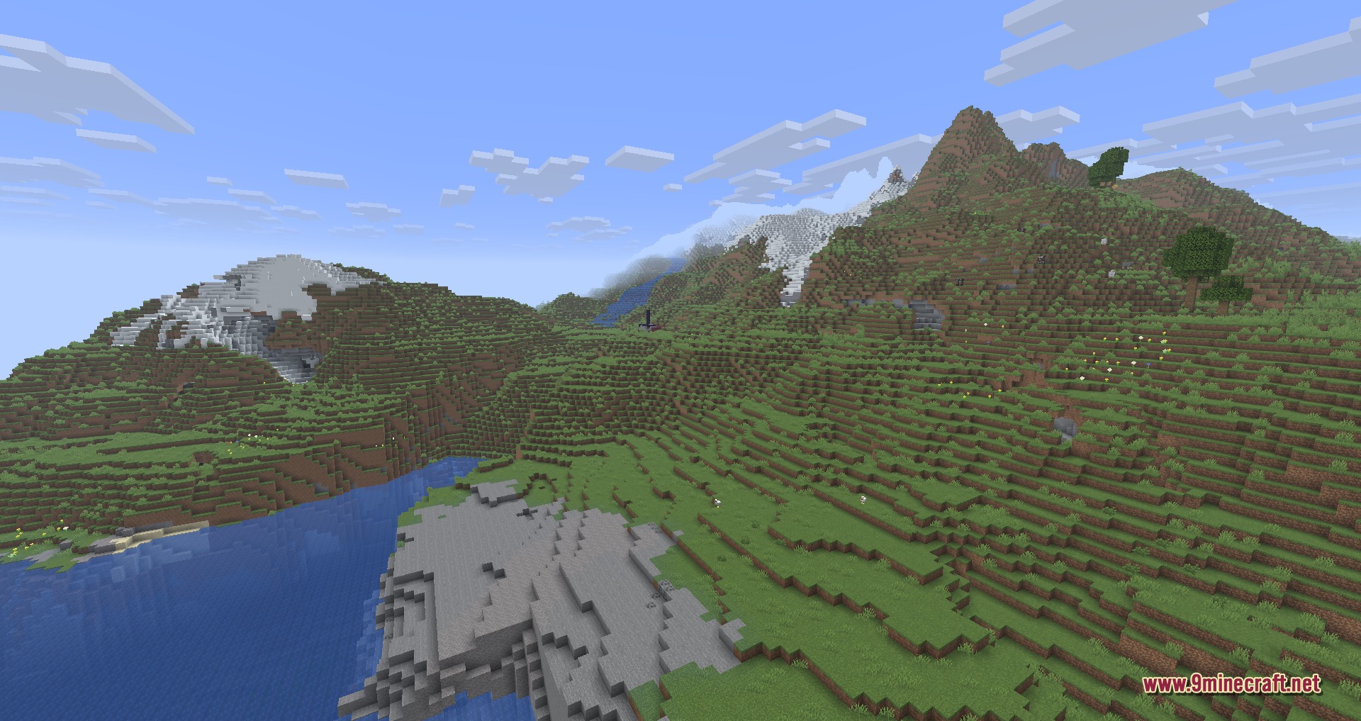 Disable Custom Worlds Advice 9minecraft Mod Screenshot 5 A vast Minecraft world generated with custom settings featuring mountains and lakes