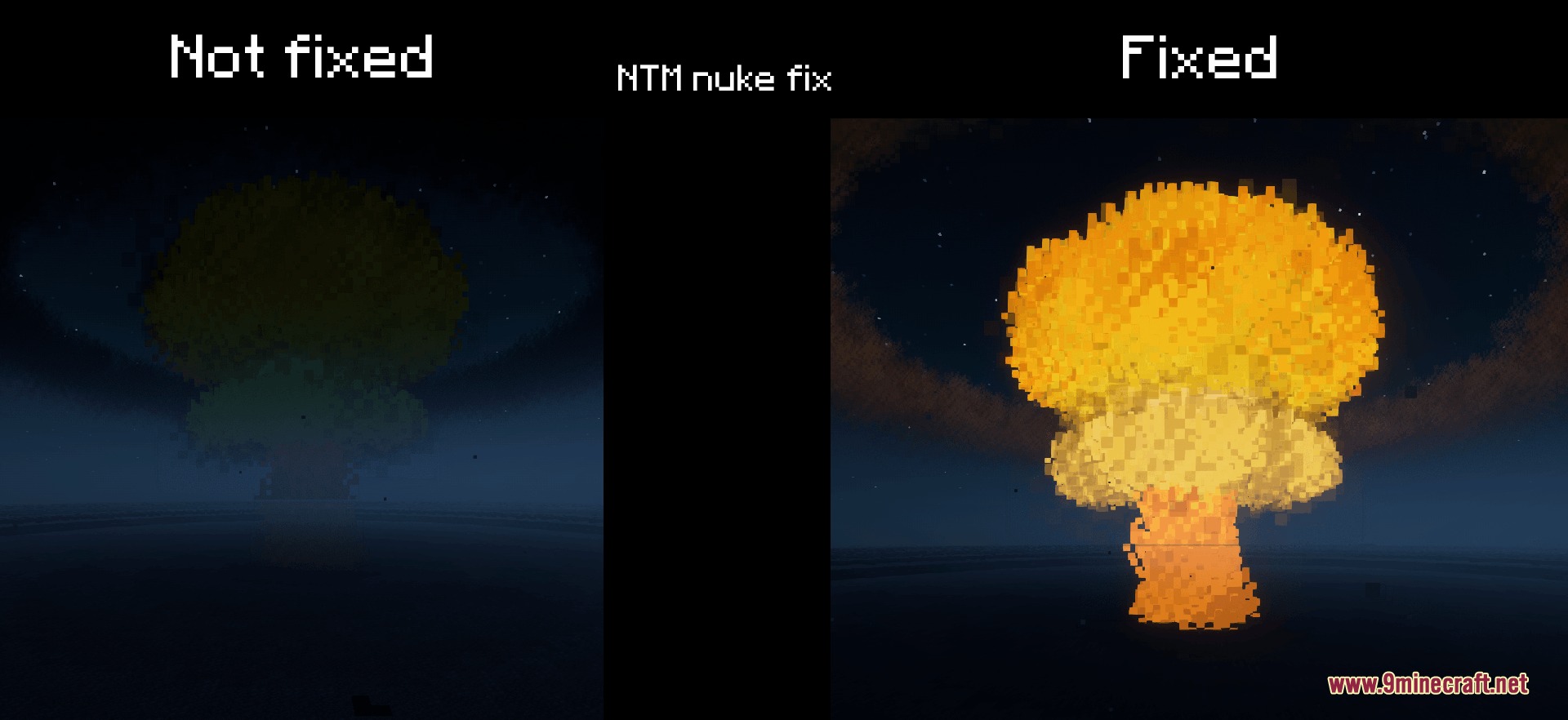 Comparison showing a fixed nuclear explosion effect with bright orange lighting