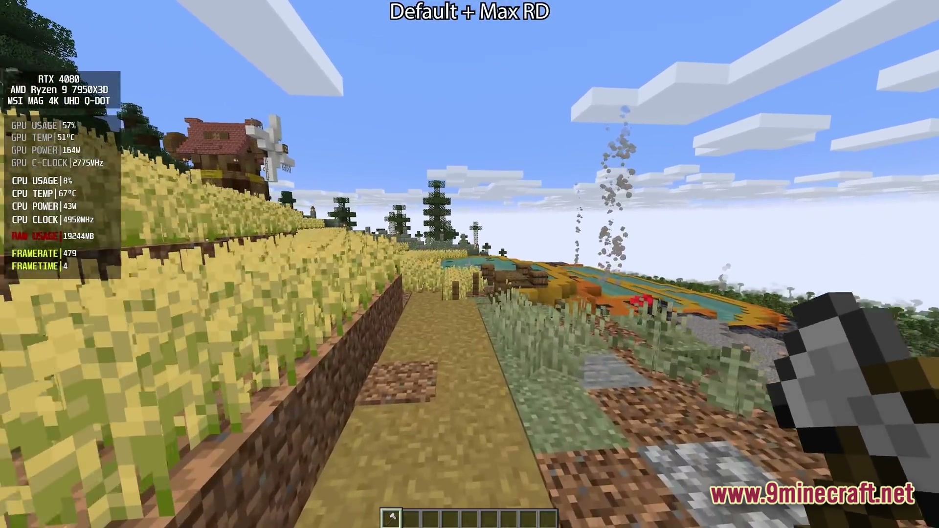 Distant Horizons Pack Modpack Screenshot 1 A wheat farm and windmill overlooking a distant valley with colorful thermal pools and geysers