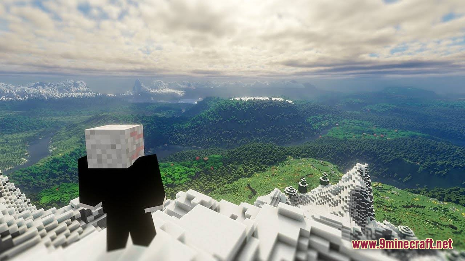 Distant Horizons Pack Modpack Screenshot 10 A player character overlooks a vast landscape of forests and mountains with extended render distance