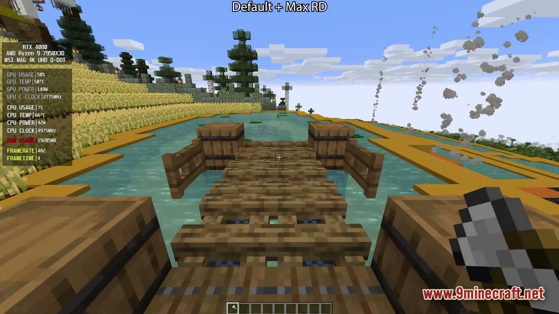 Distant Horizons Pack Modpack Screenshot 2 A wooden bridge with barrels extends over a pond near wheat fields and distant pine trees