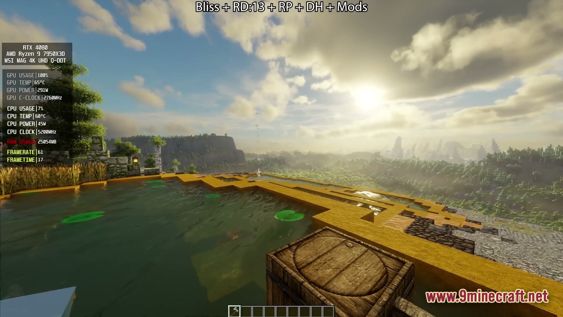 Distant Horizons Pack Modpack Screenshot 4 A high-altitude view of a pond and forest landscape with realistic lighting and distant terrain