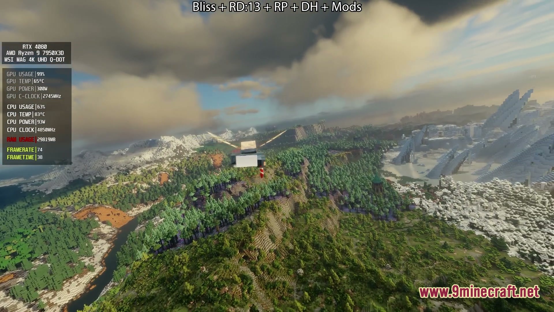 Distant Horizons Pack Modpack Screenshot 5 A player flies over a vast landscape featuring forests, snowy mountains, and icy biomes with shaders