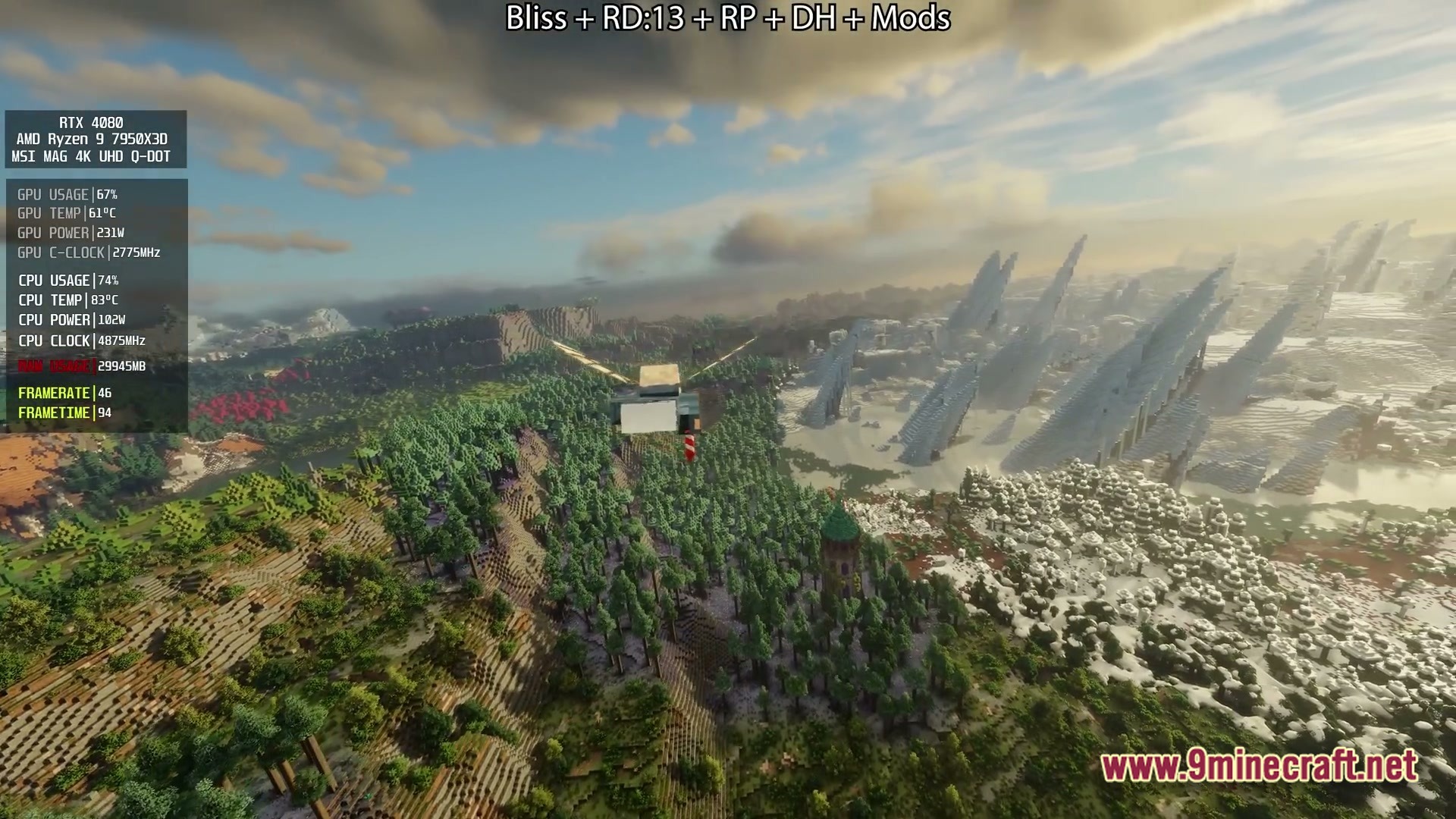 Distant Horizons Pack Modpack Screenshot 6 A player flies over a dense forest biome bordering a snowy landscape with massive ice spikes
