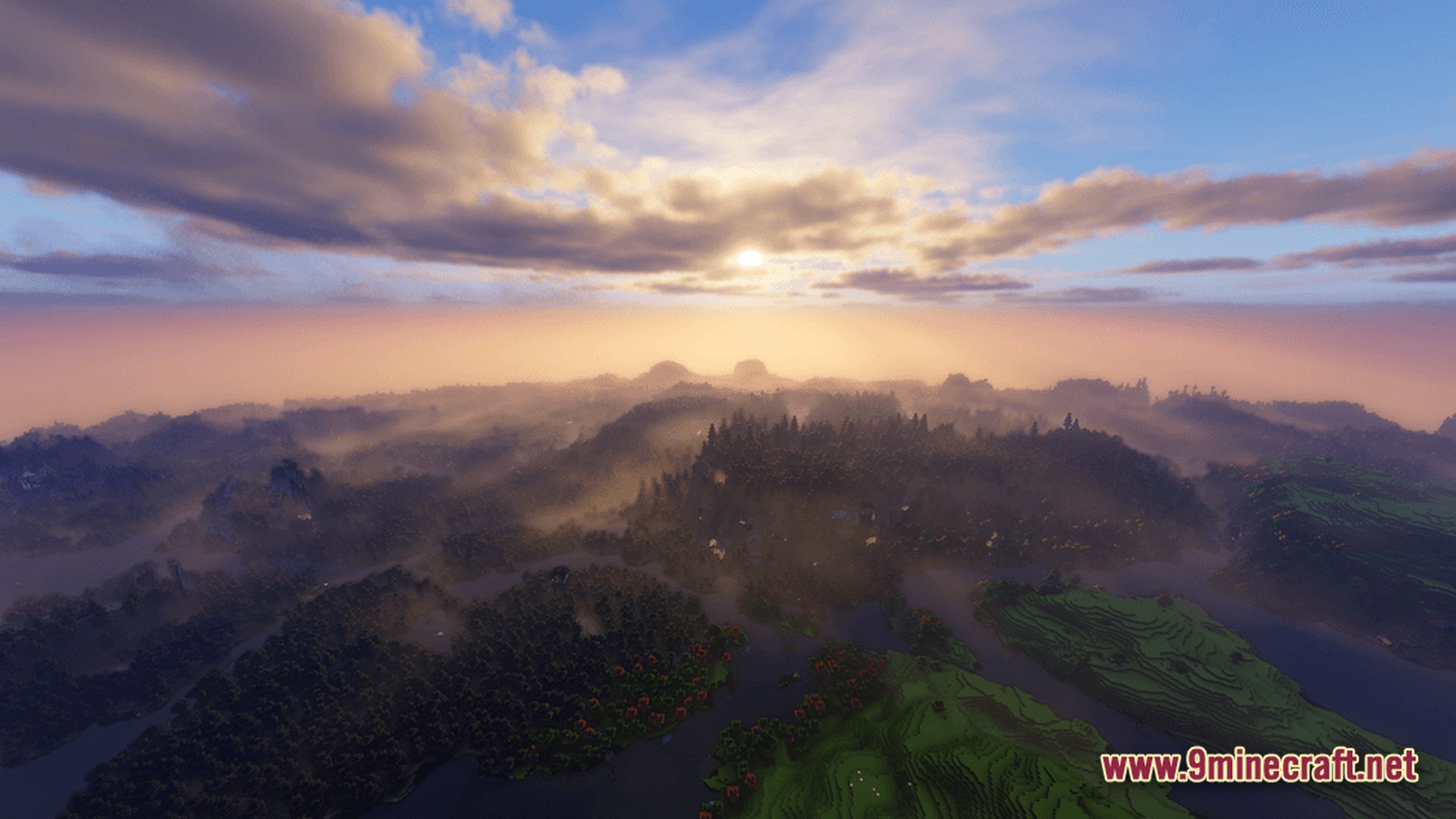 Distant Horizons Pack Modpack Screenshot 7 A vast Minecraft landscape with forests and rivers under a sunset sky with volumetric fog