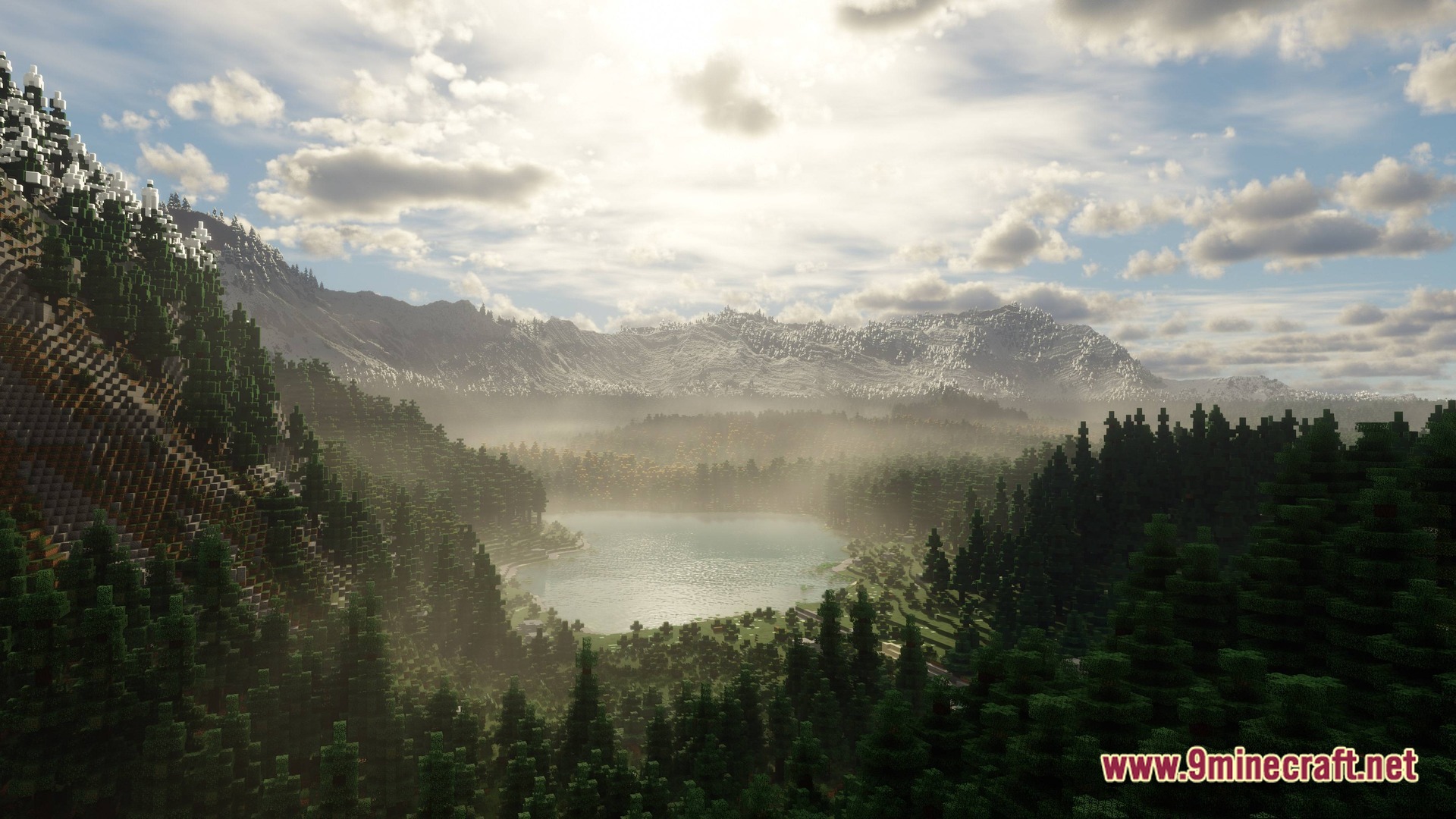 Distant Horizons Pack Modpack Screenshot 8 A vast mountain range overlooks a misty valley with a lake and dense evergreen forests