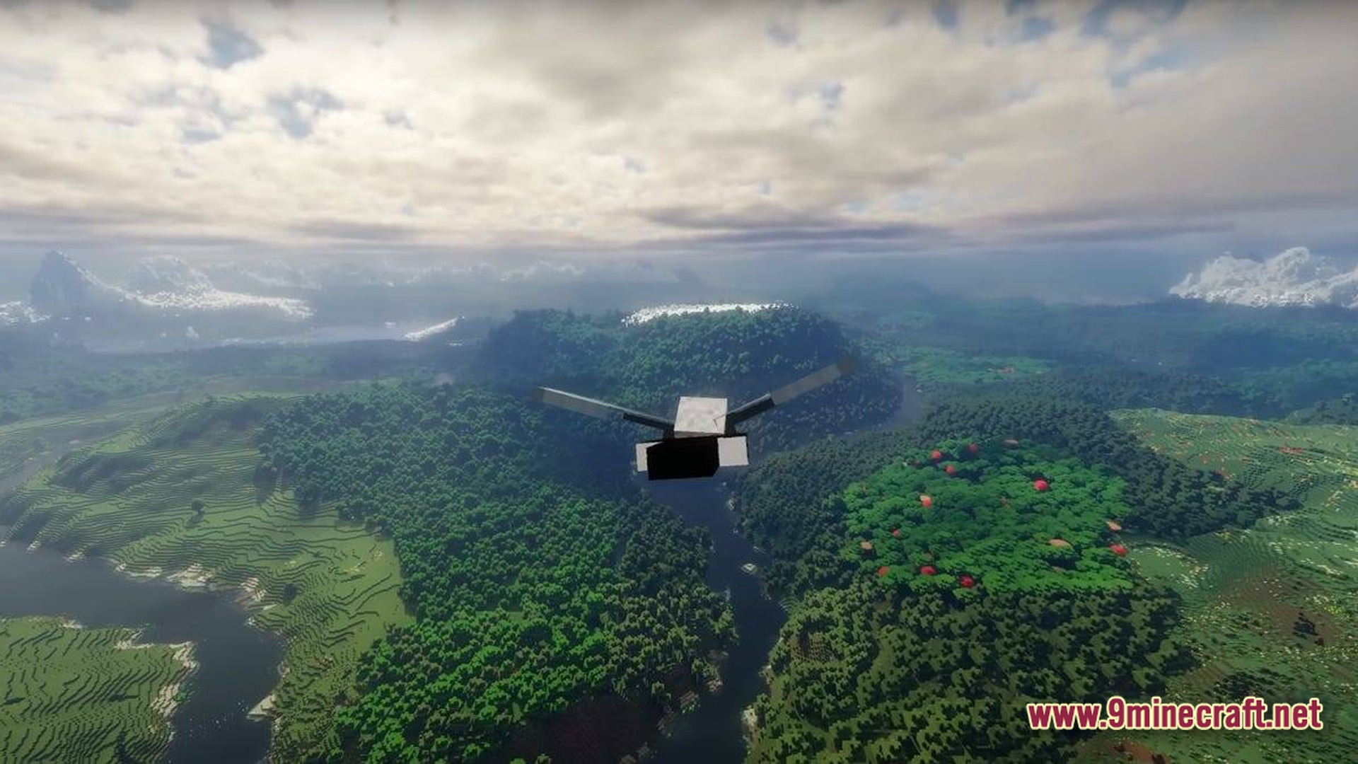 Distant Horizons Pack Modpack Screenshot 9 A player flies with an elytra over a vast landscape featuring forests, rivers, and distant mountains