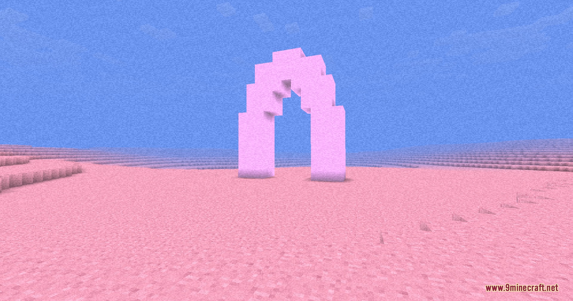 Do Not Join.jar Mod Screenshot 2 A pink block archway stands in a bright pink Minecraft desert landscape