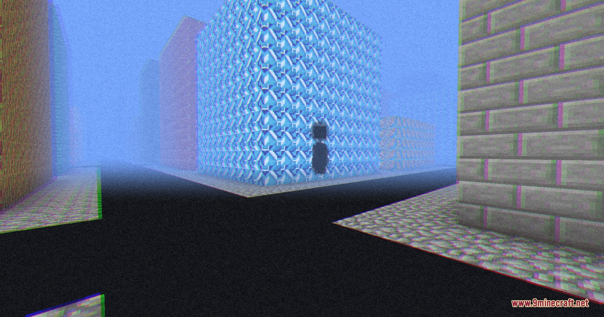 Do Not Join.jar Mod Screenshot 3 A mysterious dark figure stalks the player near a diamond building in fog