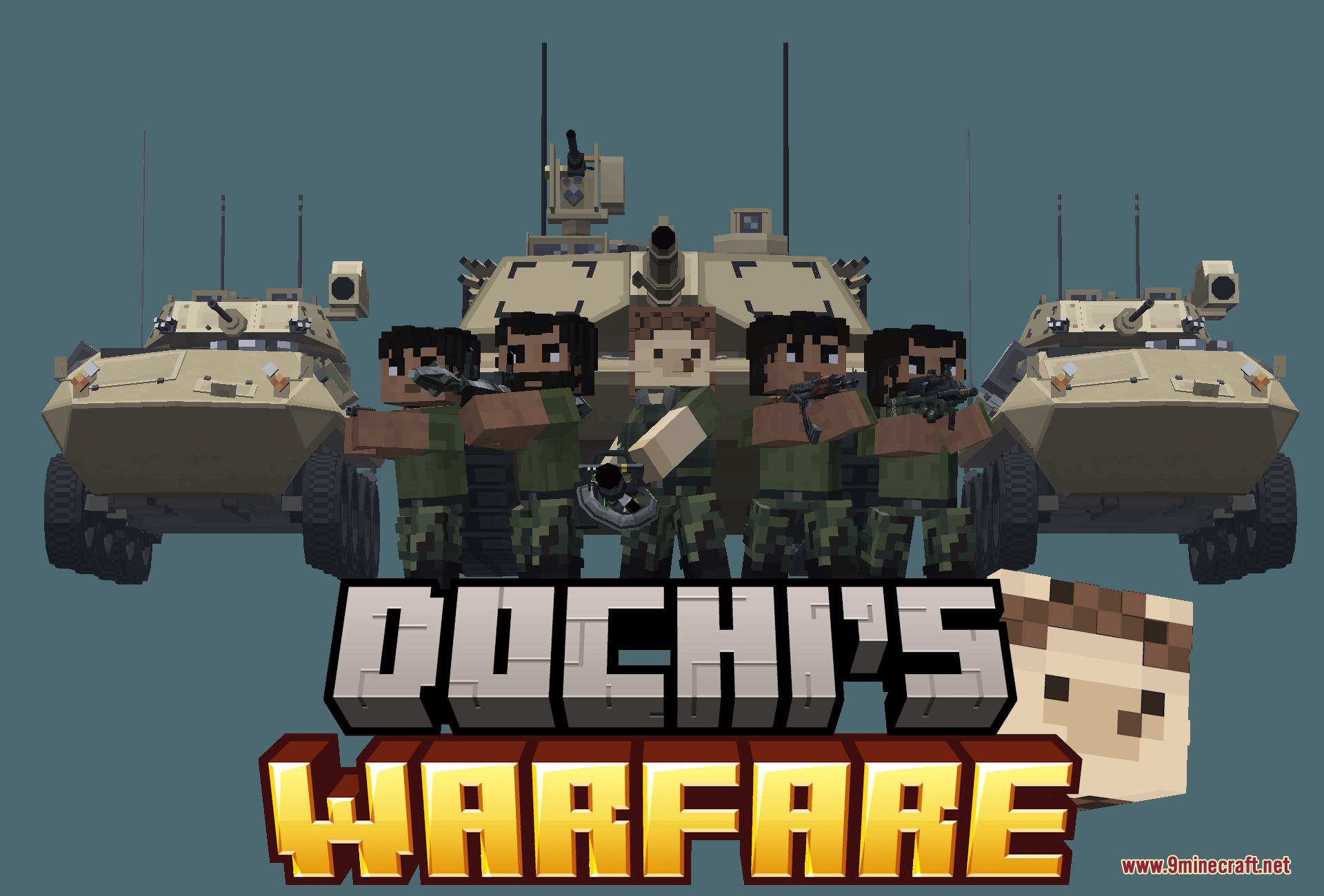 Dochi S Warfare Mod Screenshot 1 Promotional banner featuring soldiers and armored vehicles for Dochi Warfare mod