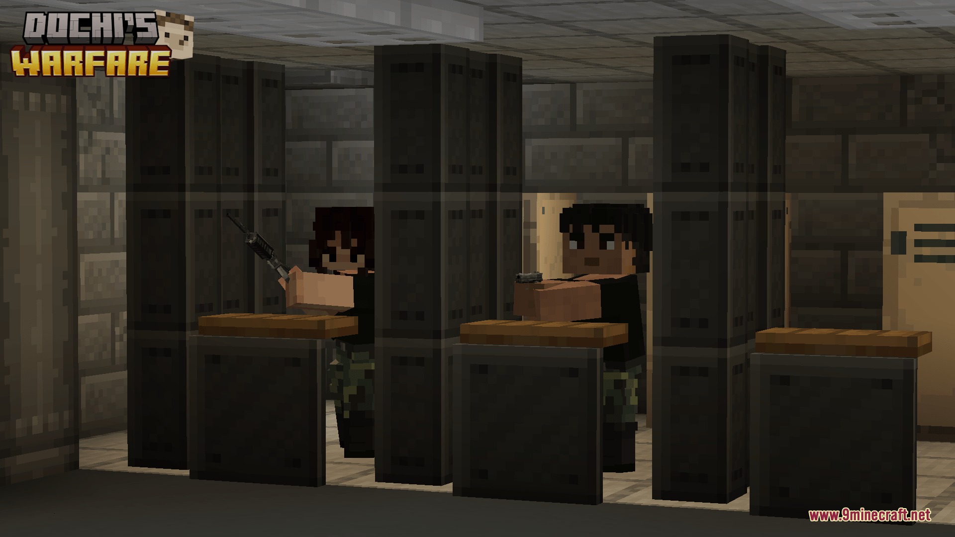 Dochi S Warfare Mod Screenshot 2 Two soldiers practicing their aim with pistols at an indoor shooting range