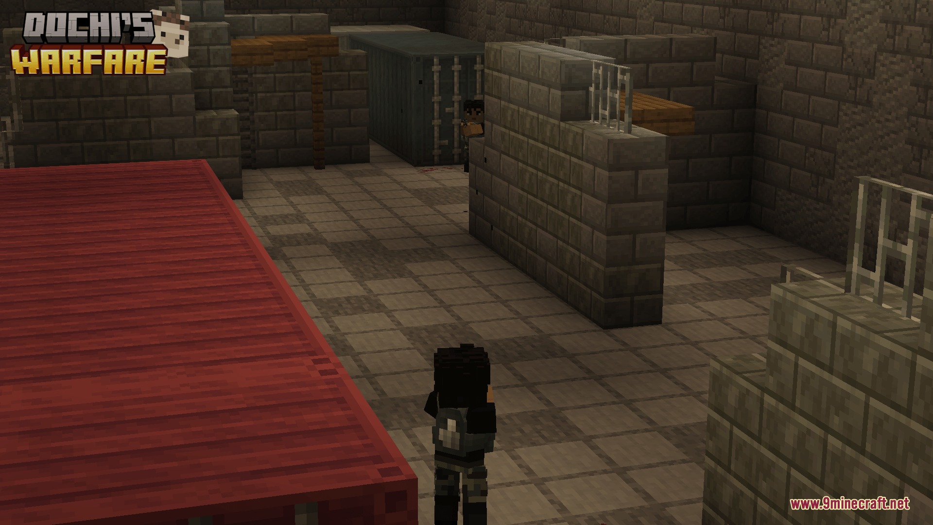 Dochi S Warfare Mod Screenshot 4 A character explores a base with red shipping containers and stone walls