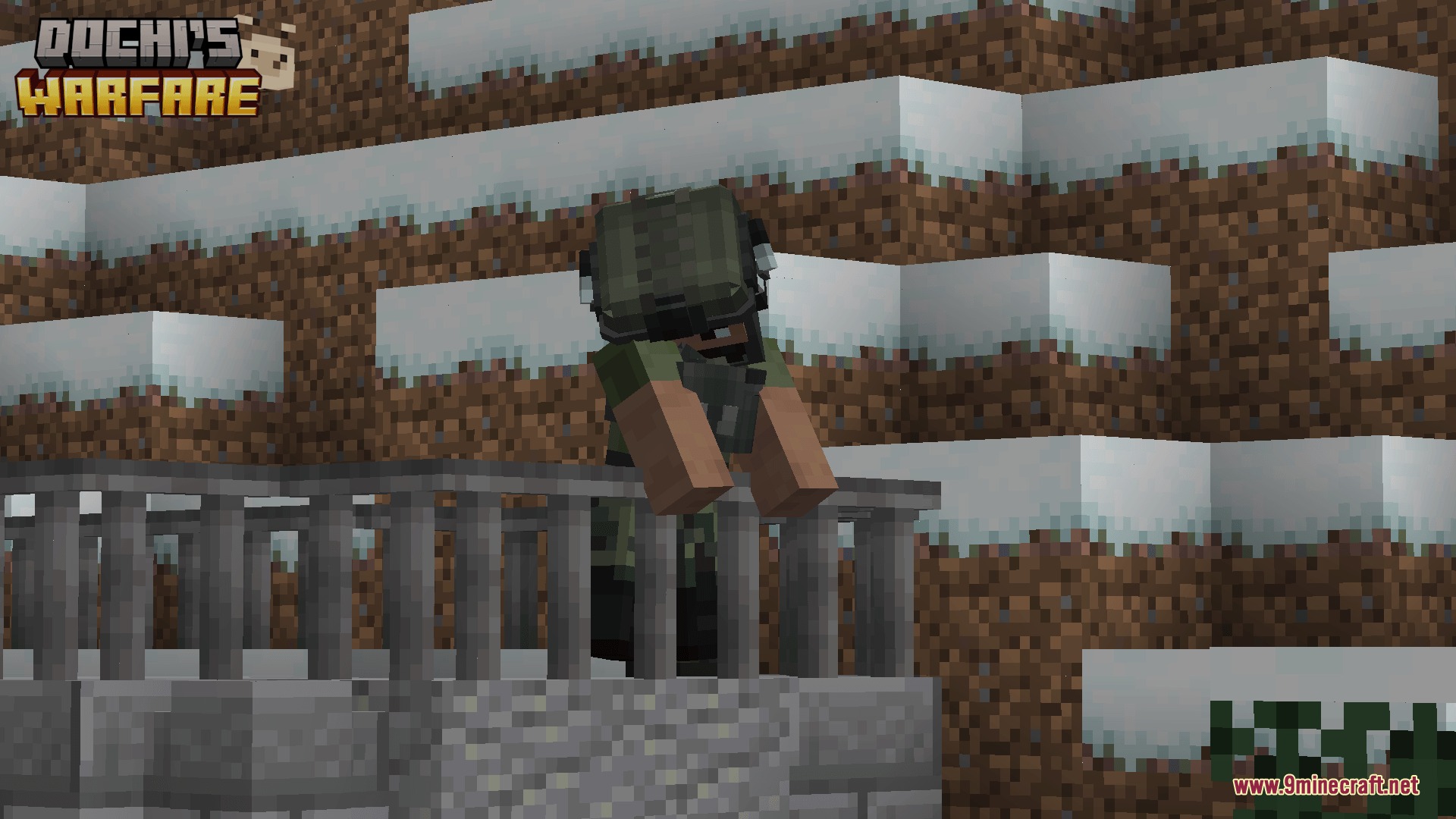 Dochi S Warfare Mod Screenshot 6 A soldier NPC wearing tactical gear leaning over a stone balcony railing