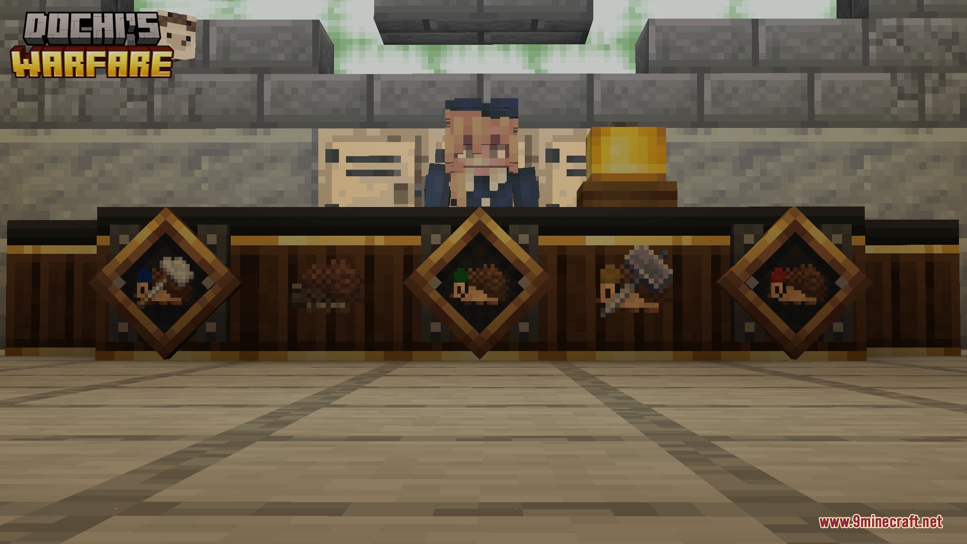 Dochi S Warfare Mod Screenshot 7 Minecraft NPCs standing behind a counter with various weapon icons on it