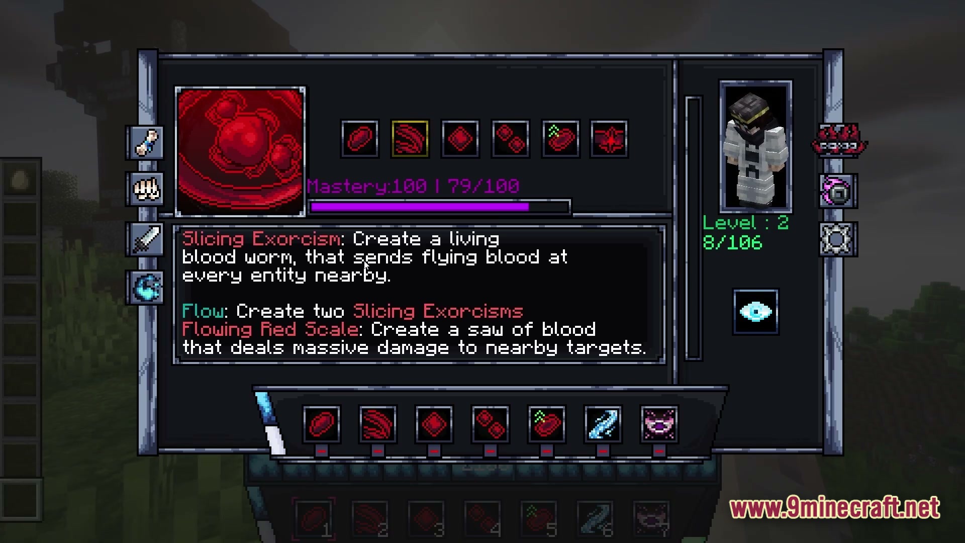 Domain of Harvested Echoes Modpack Screenshot 1 A custom character interface displaying ability descriptions, mastery levels, and combat skill icons in a dark theme