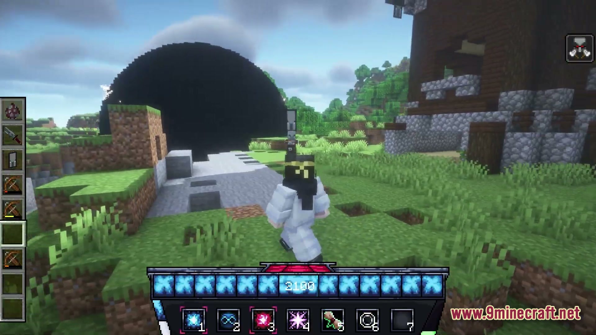 Domain of Harvested Echoes Modpack Screenshot 2 A player character stands near a large black sphere and a wooden structure in a grassy biome