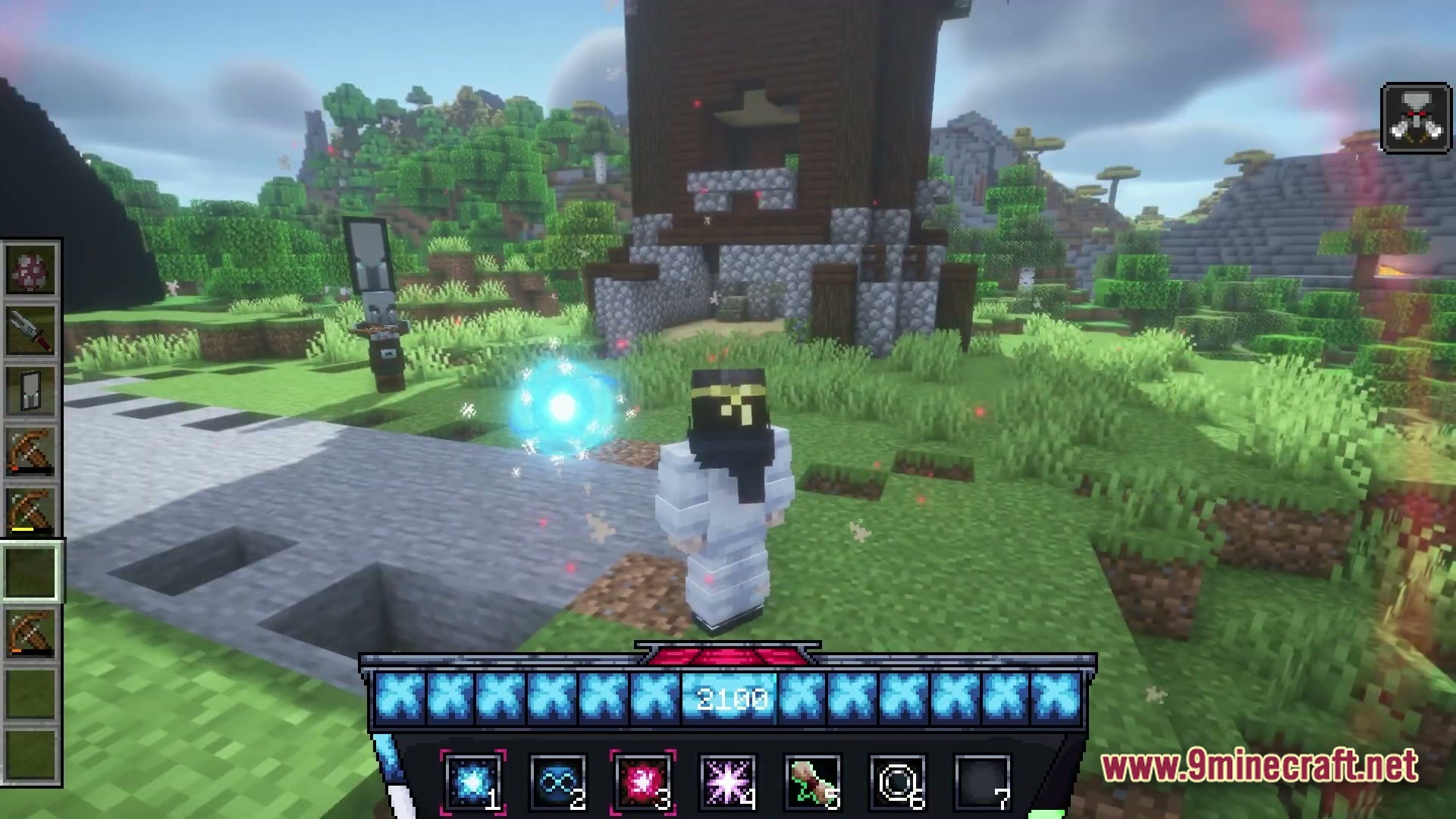 Domain of Harvested Echoes Modpack Screenshot 3 A player character casts a blue magic projectile toward a pillager near a wooden outpost