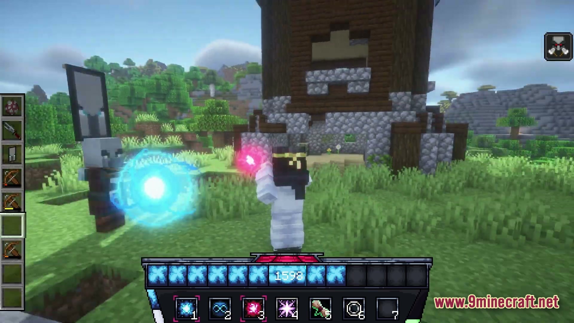 Domain of Harvested Echoes Modpack Screenshot 4 A player uses magical abilities to fight a Pillager Captain near a wooden outpost structure