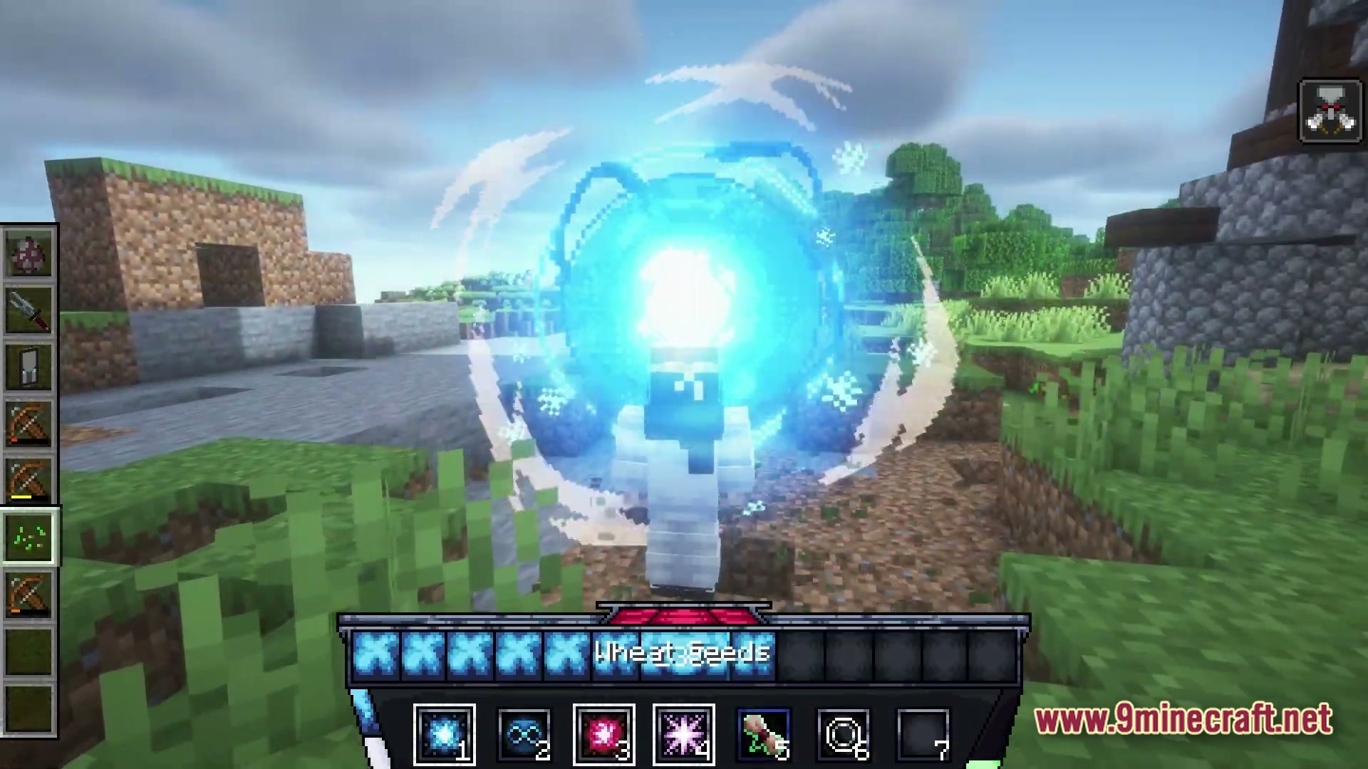 Domain of Harvested Echoes Modpack Screenshot 5 A player character activates a glowing blue energy orb ability within a grassy plains biome