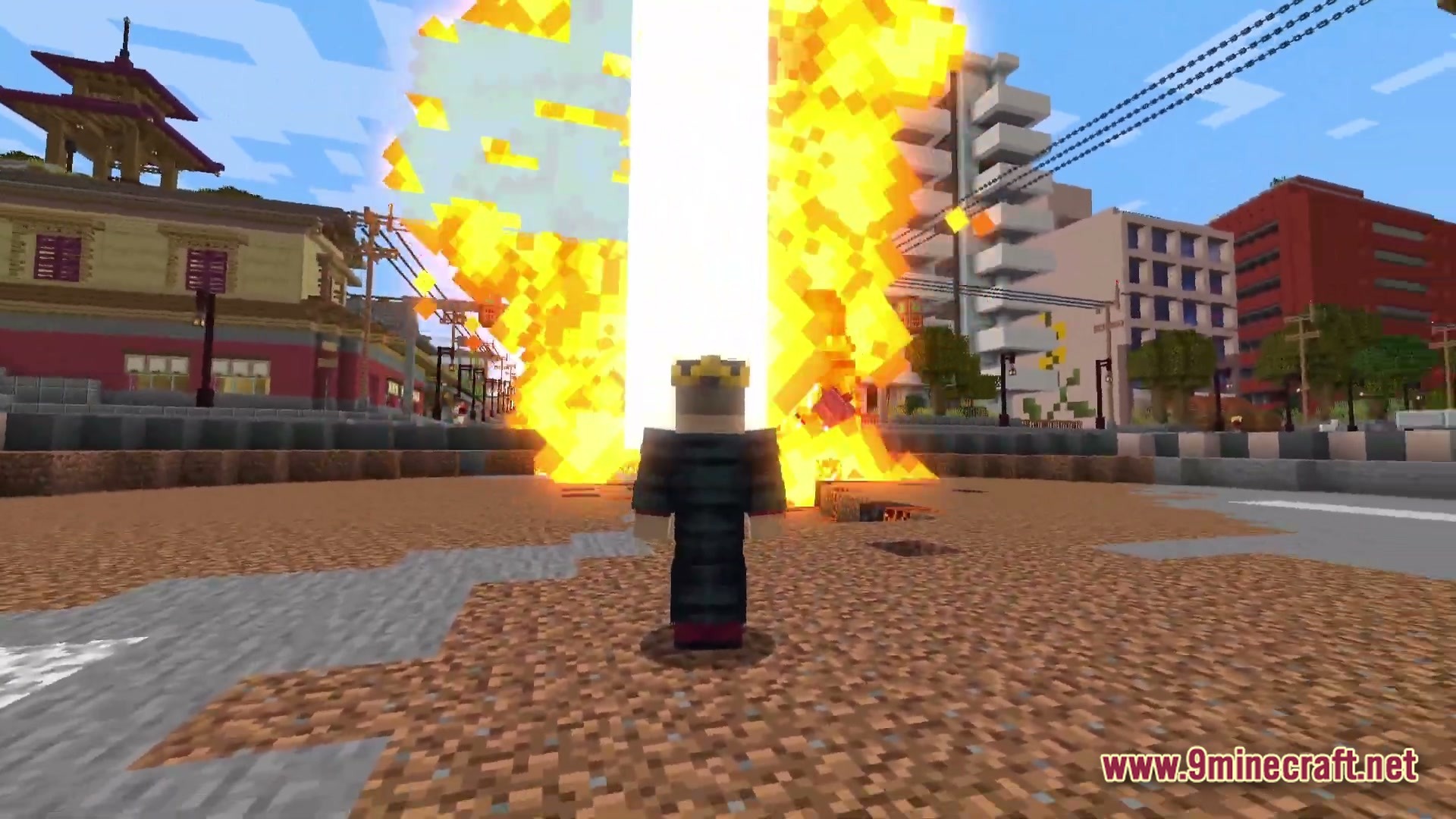 Domain of Harvested Echoes Modpack Screenshot 6 A player character stands before a large pillar of fire and light in a modern city