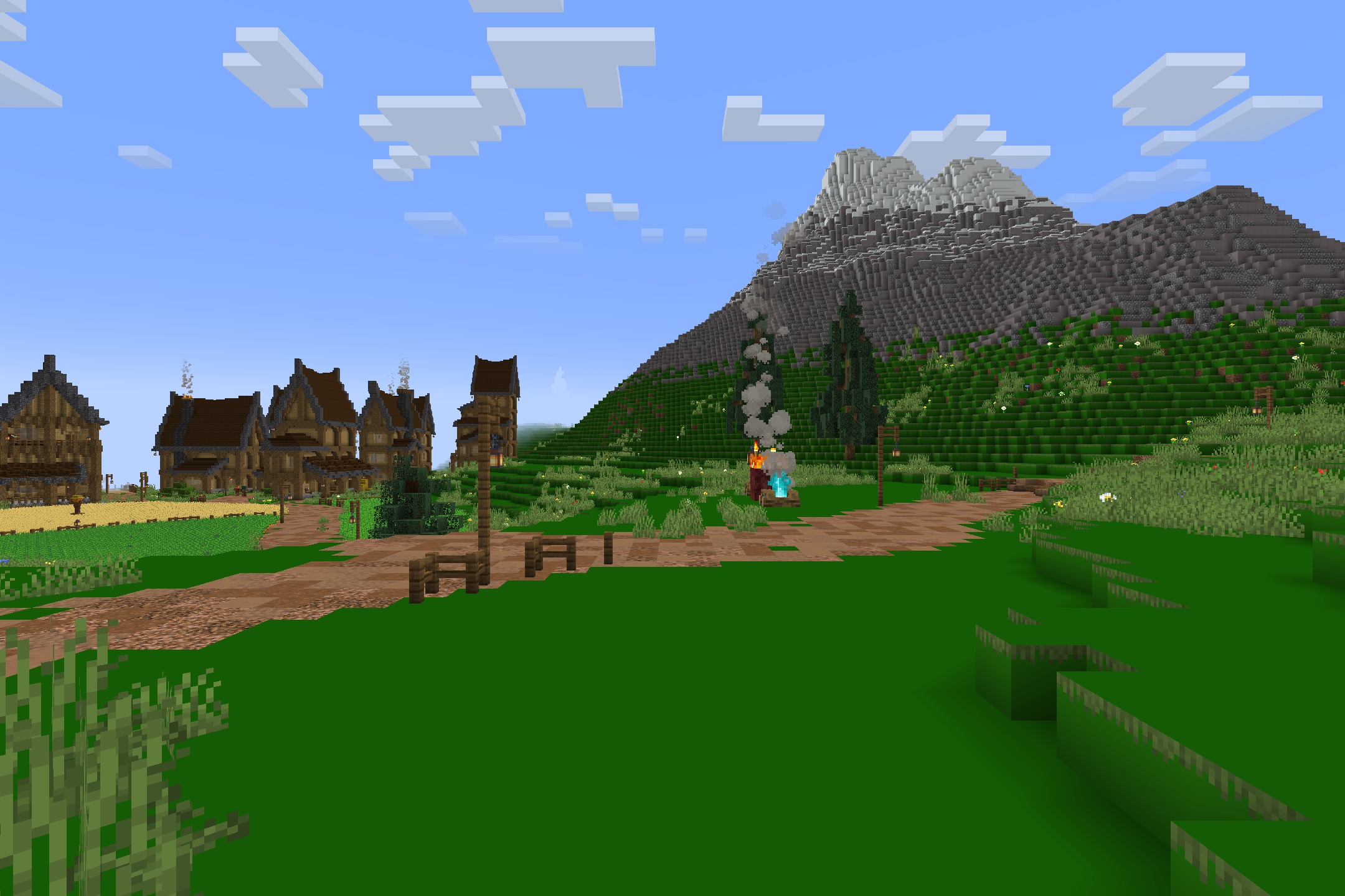 DoneMc PVP Resource Pack Screenshot 1 A Minecraft village and mountain landscape using the DoneMc PVP resource pack