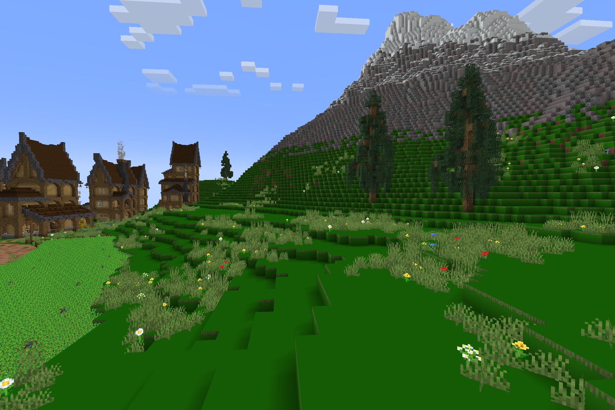 DoneMc PVP Resource Pack Screenshot 2 Lush green hills and flowers in a Minecraft world with clean optimized textures