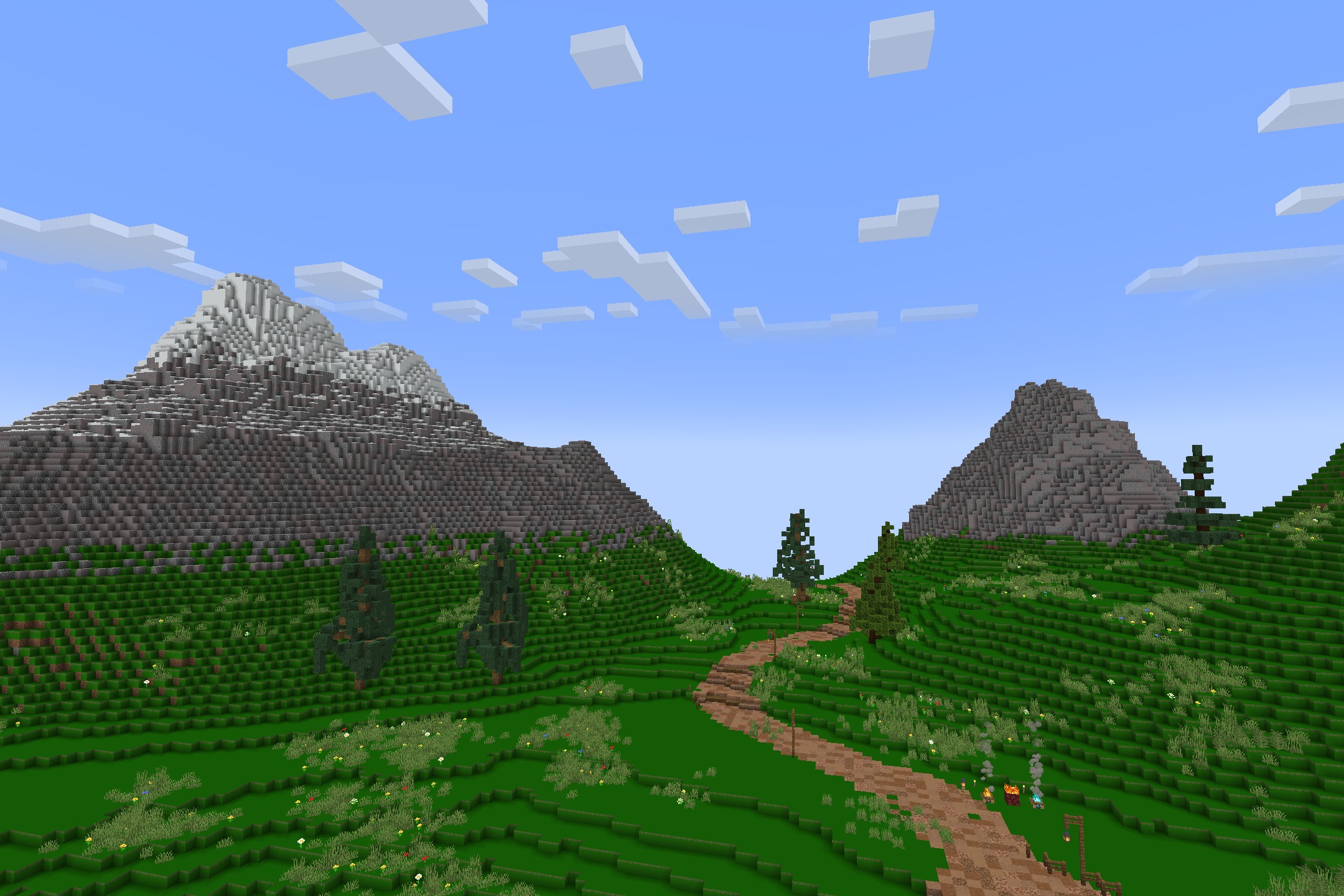 DoneMc PVP Resource Pack Screenshot 3 A winding dirt path through a green valley with tall mountains in the distance