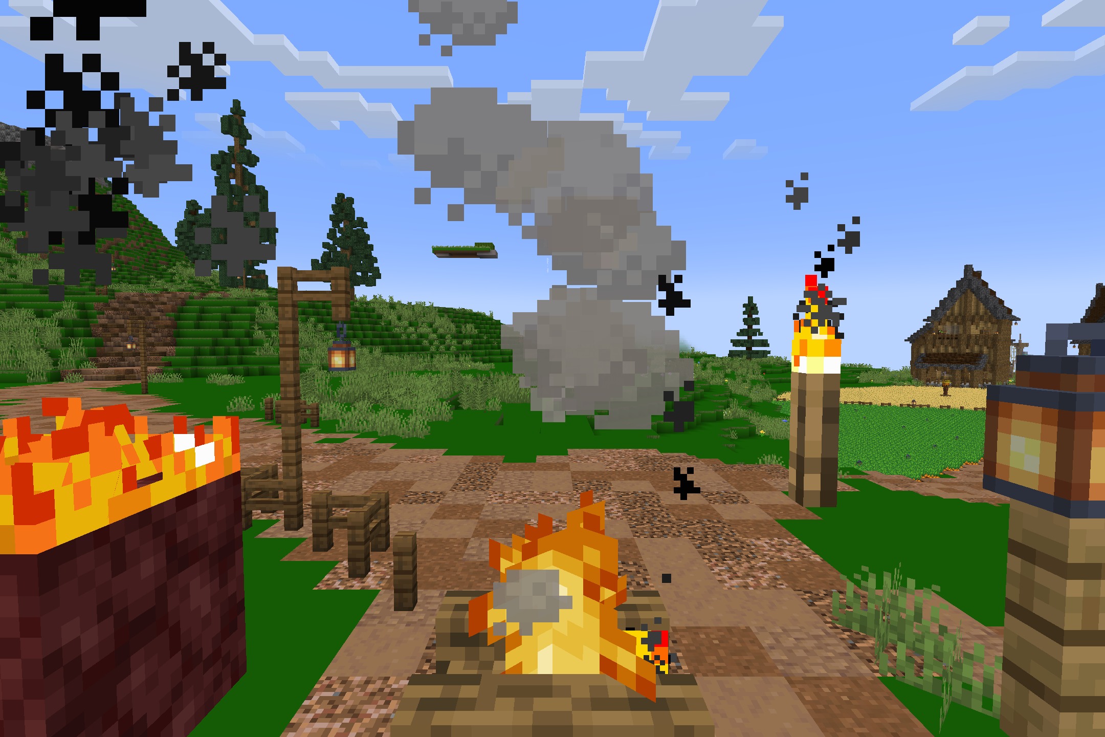 DoneMc PVP Resource Pack Screenshot 4 A campfire with smoke particles next to a torch and a hanging lantern
