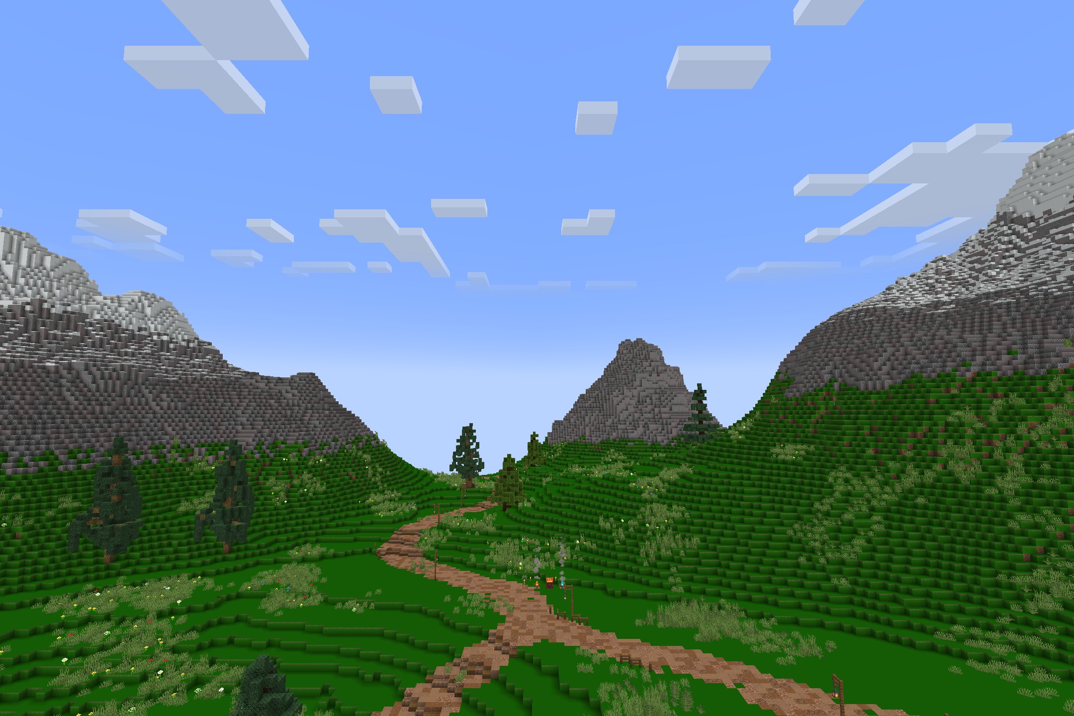 DoneMc PVP Resource Pack Screenshot 5 A winding dirt path leads through green hills toward tall mountains
