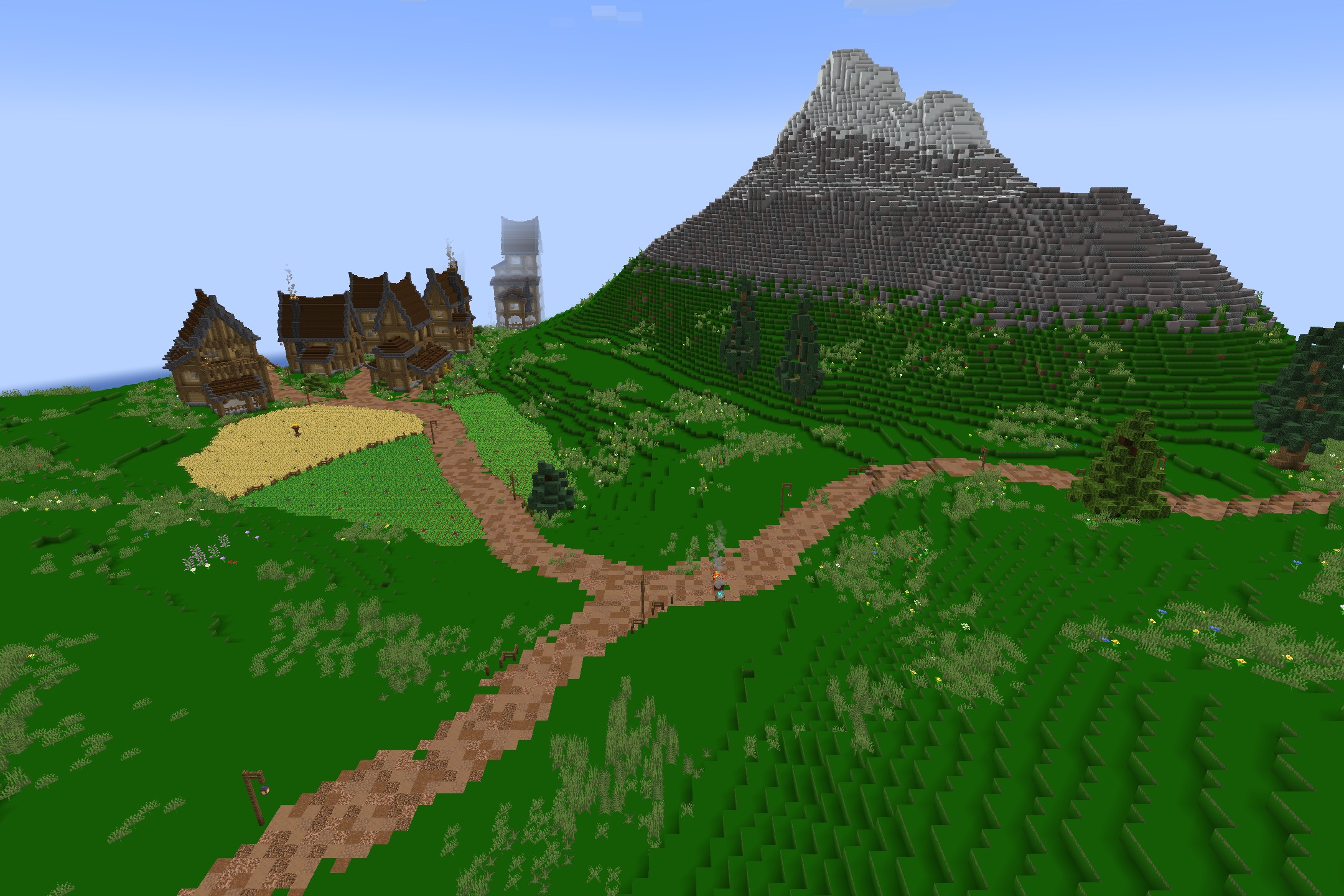 DoneMc PVP Resource Pack Screenshot 6 A dirt path junction near a small village and a large mountain