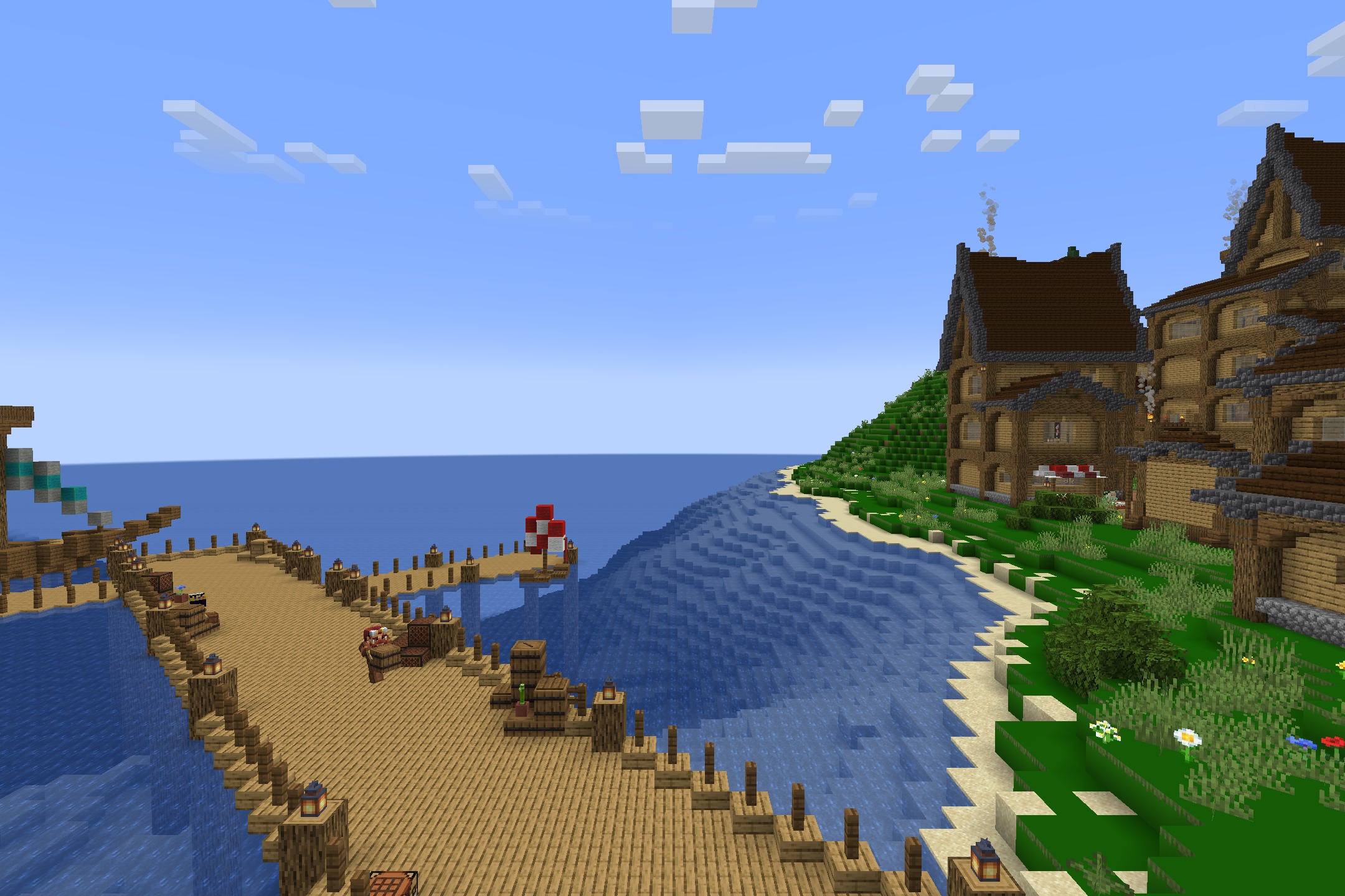 DoneMc PVP Resource Pack Screenshot 7 A scenic view of a wooden harbor with medieval buildings and clear water