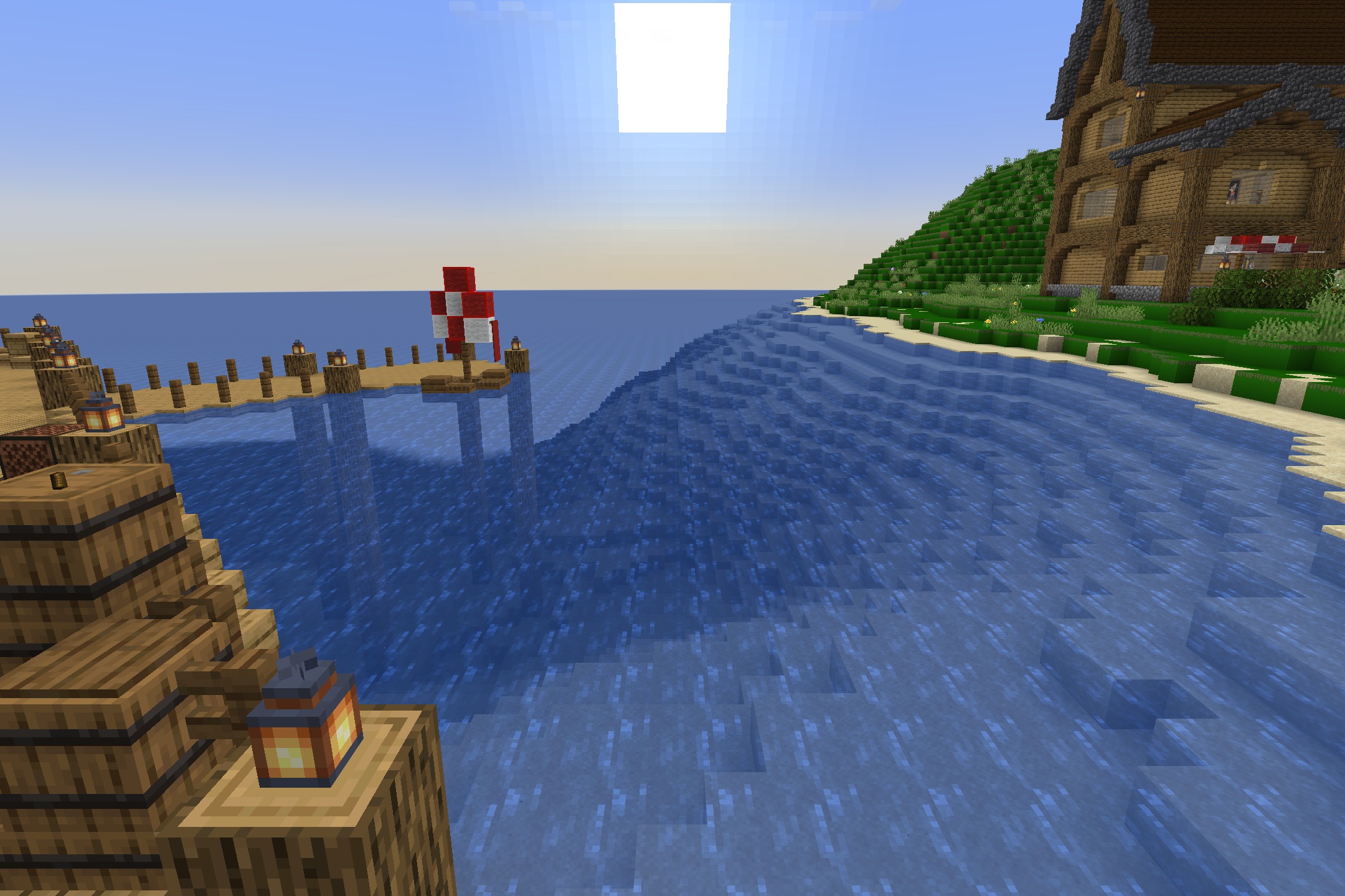 DoneMc PVP Resource Pack Screenshot 8 Sunlight reflecting on the ocean next to a wooden pier and beach