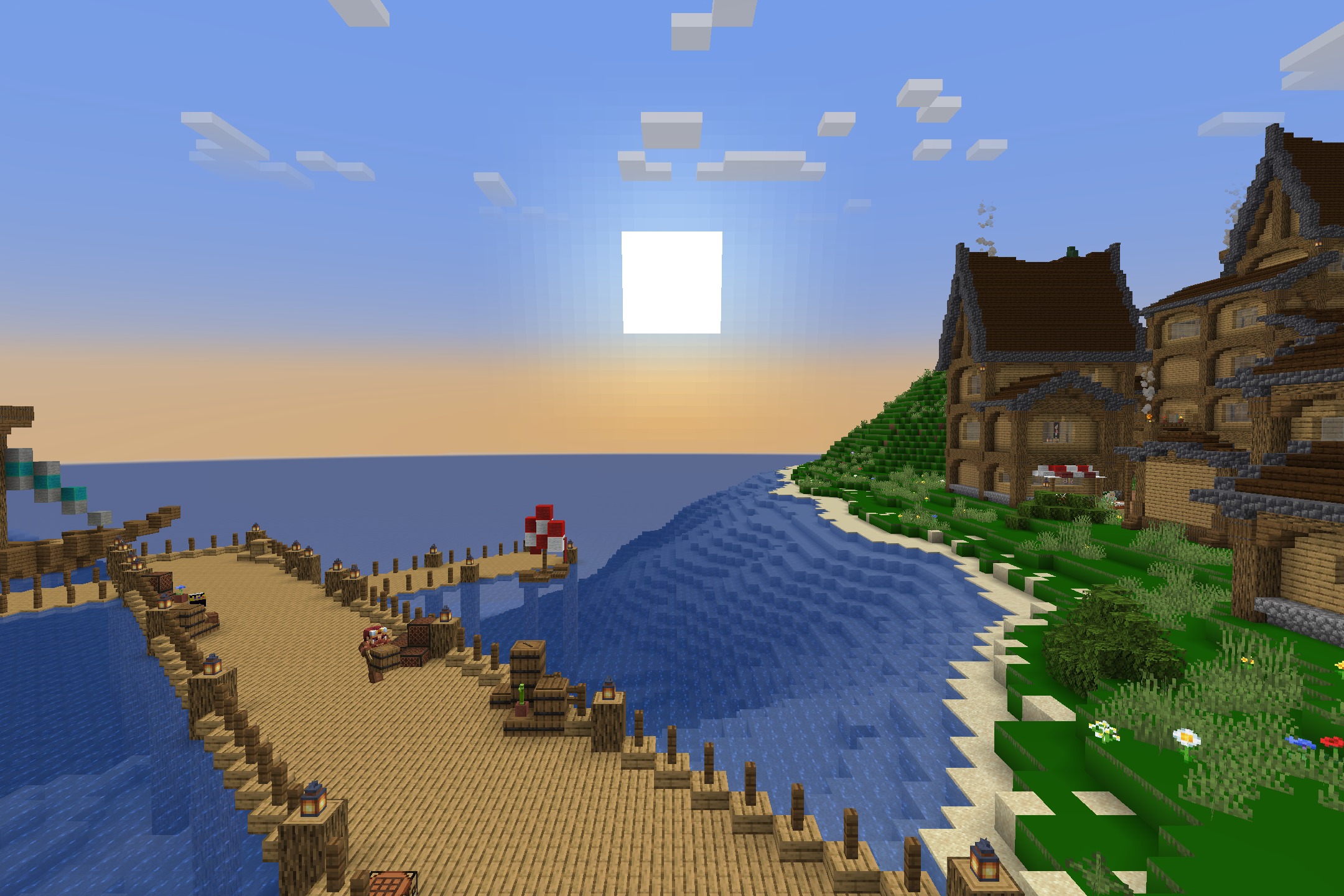 DoneMc PVP Resource Pack Screenshot 9 A scenic Minecraft harbor view with a wooden dock and coastal buildings