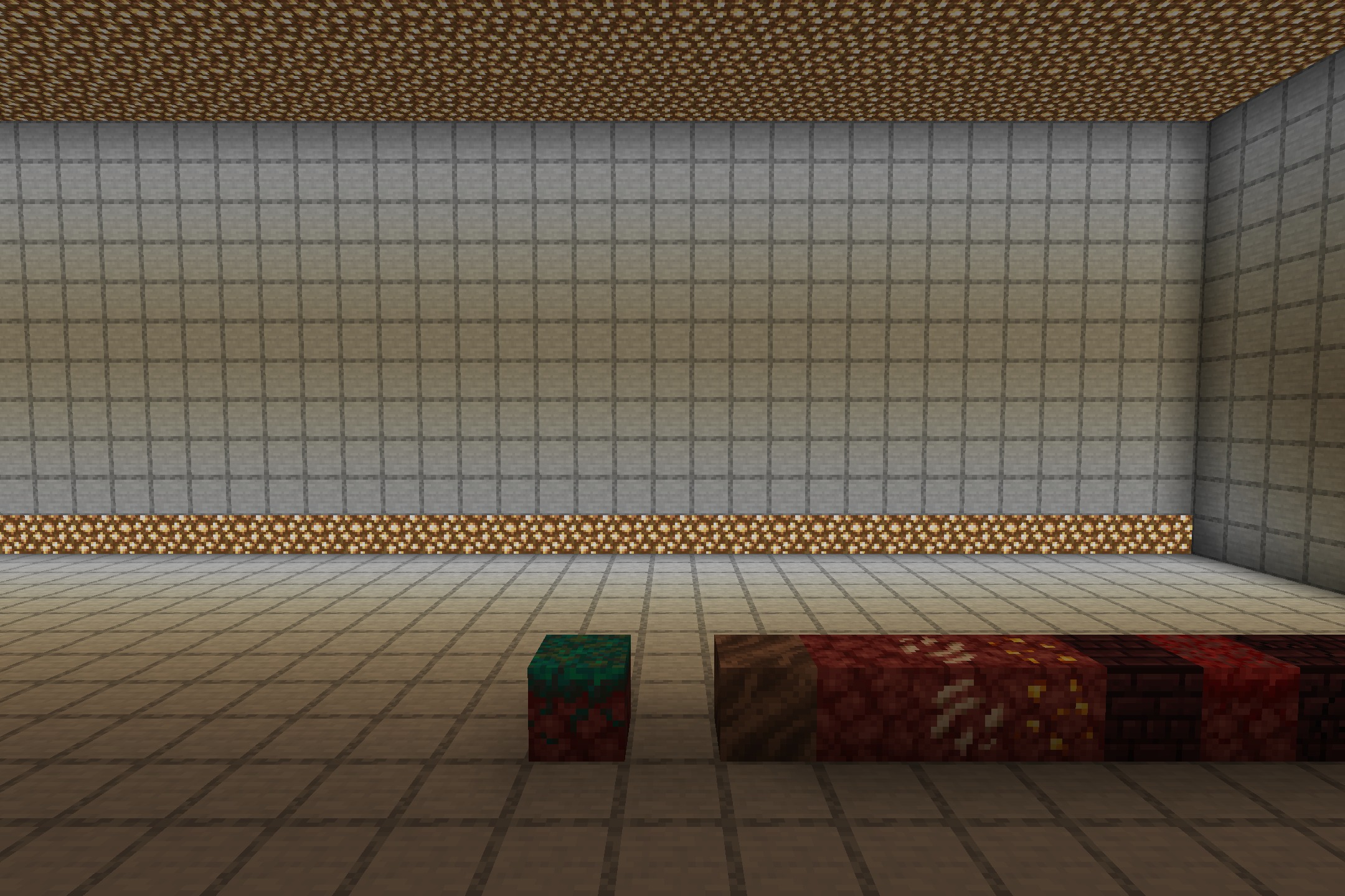 Donut Smp Essentials Resource Pack Screenshot 1 A room with grid textures showing various Nether blocks and glowstone lighting