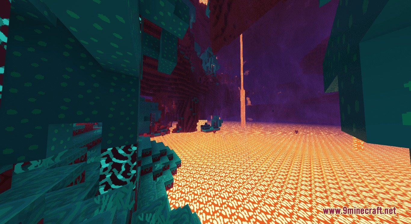 Doodled Resource Pack Screenshot 5 A vast lava ocean in the Nether with doodled warped forest blocks