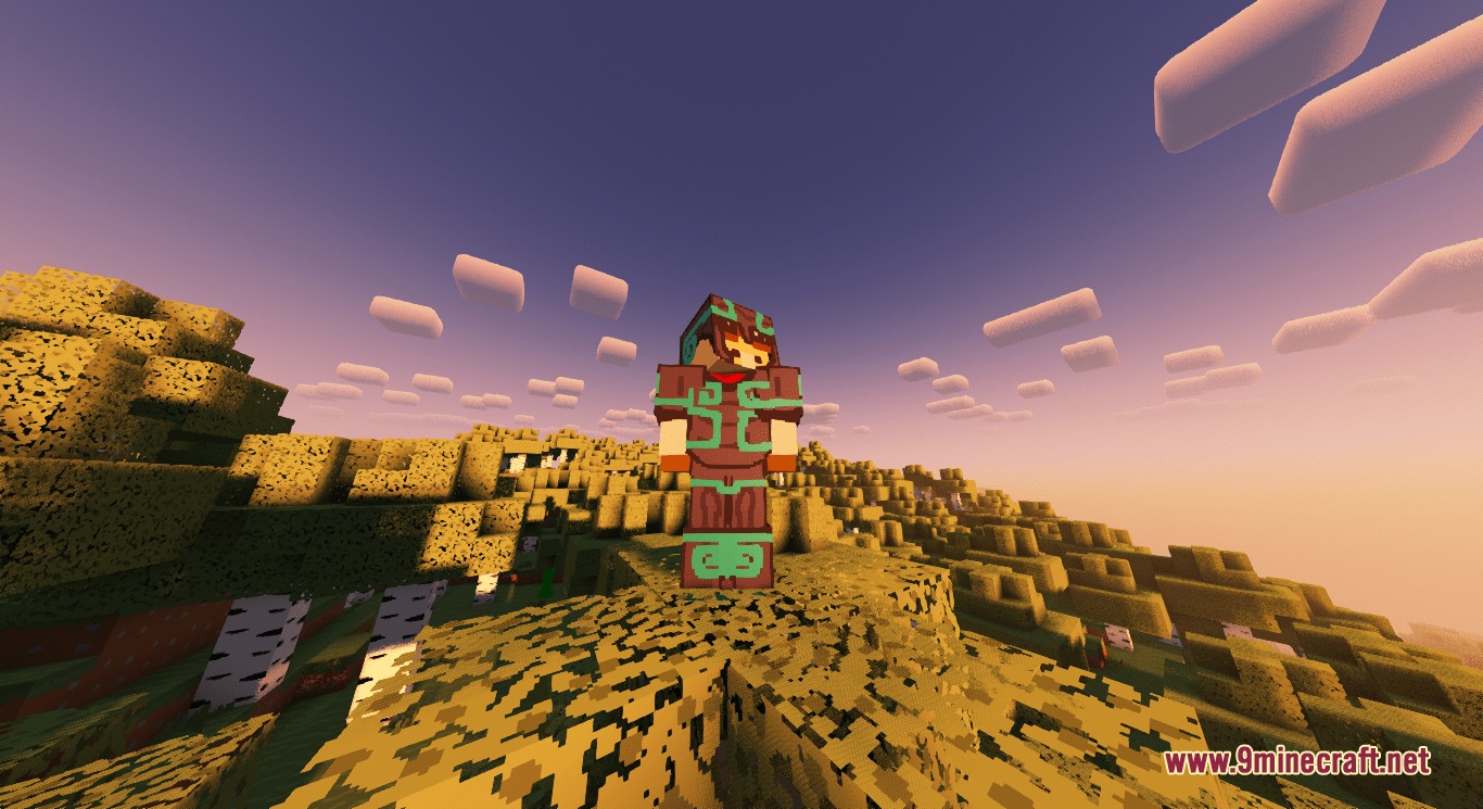 Doodled Resource Pack Screenshot 6 A player wearing doodled armor stands on a hill during a sunset