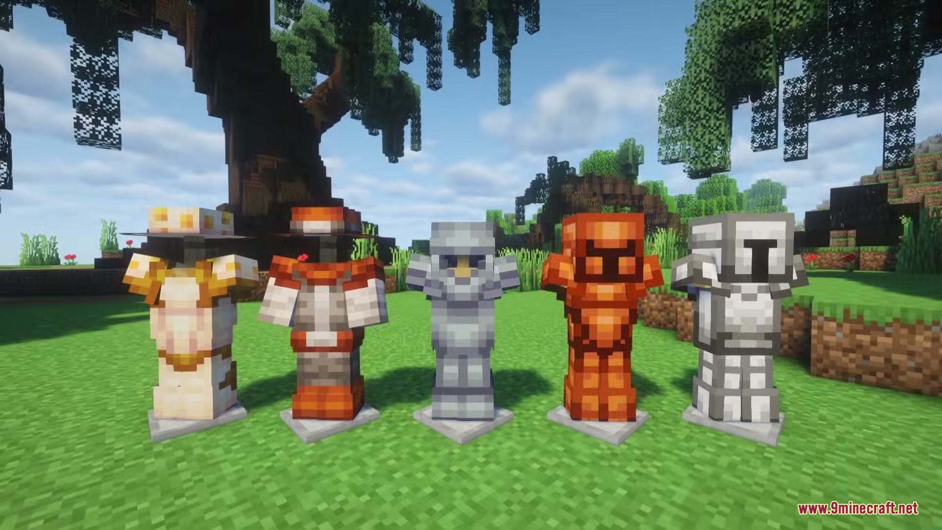 Doom Tide Rising Mod Screenshot 1 Five unique armor sets displayed on armor stands in a forest biome