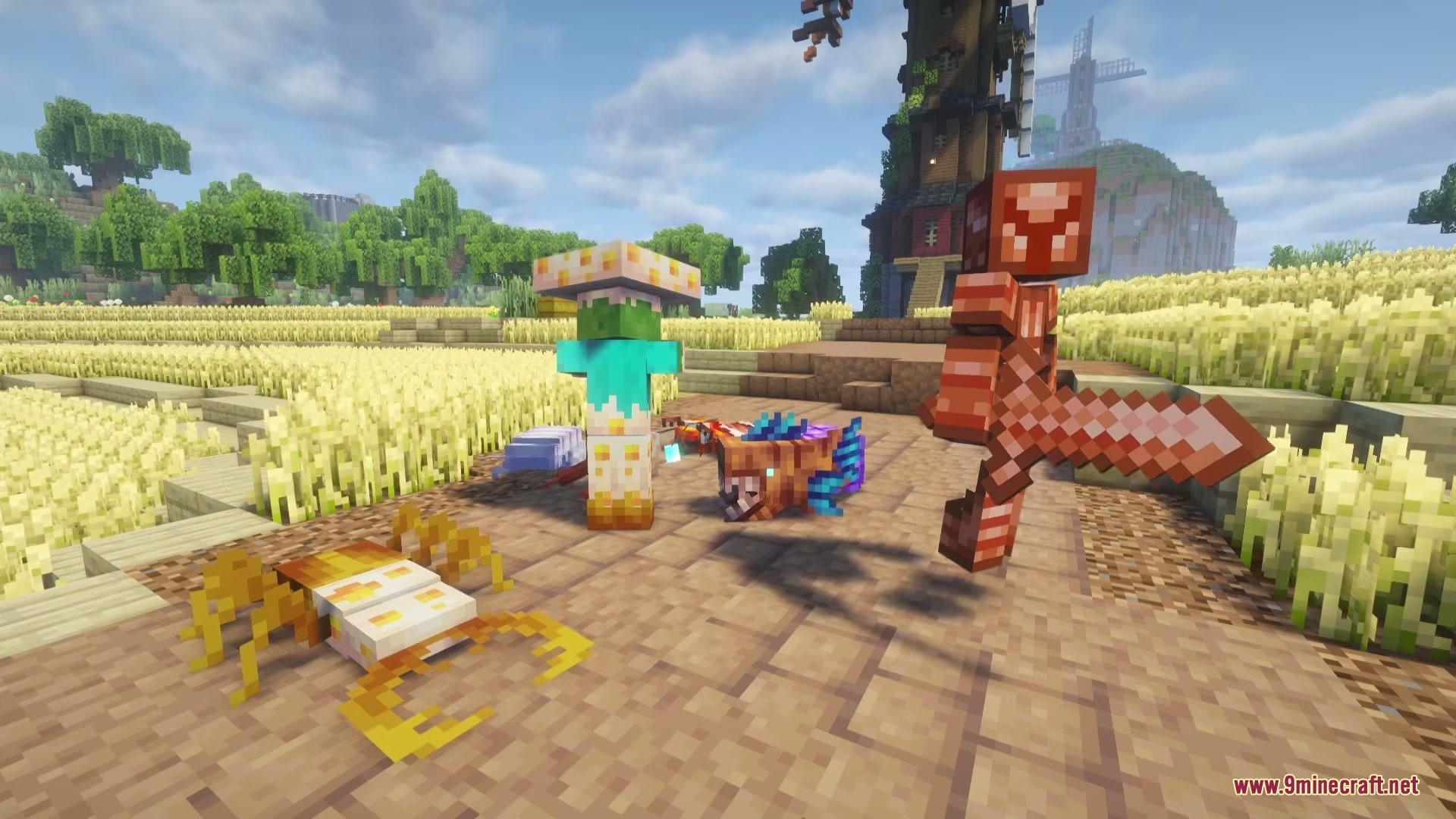 Doom Tide Rising Mod Screenshot 4 A player wielding a copper sword faces unique creatures near a windmill