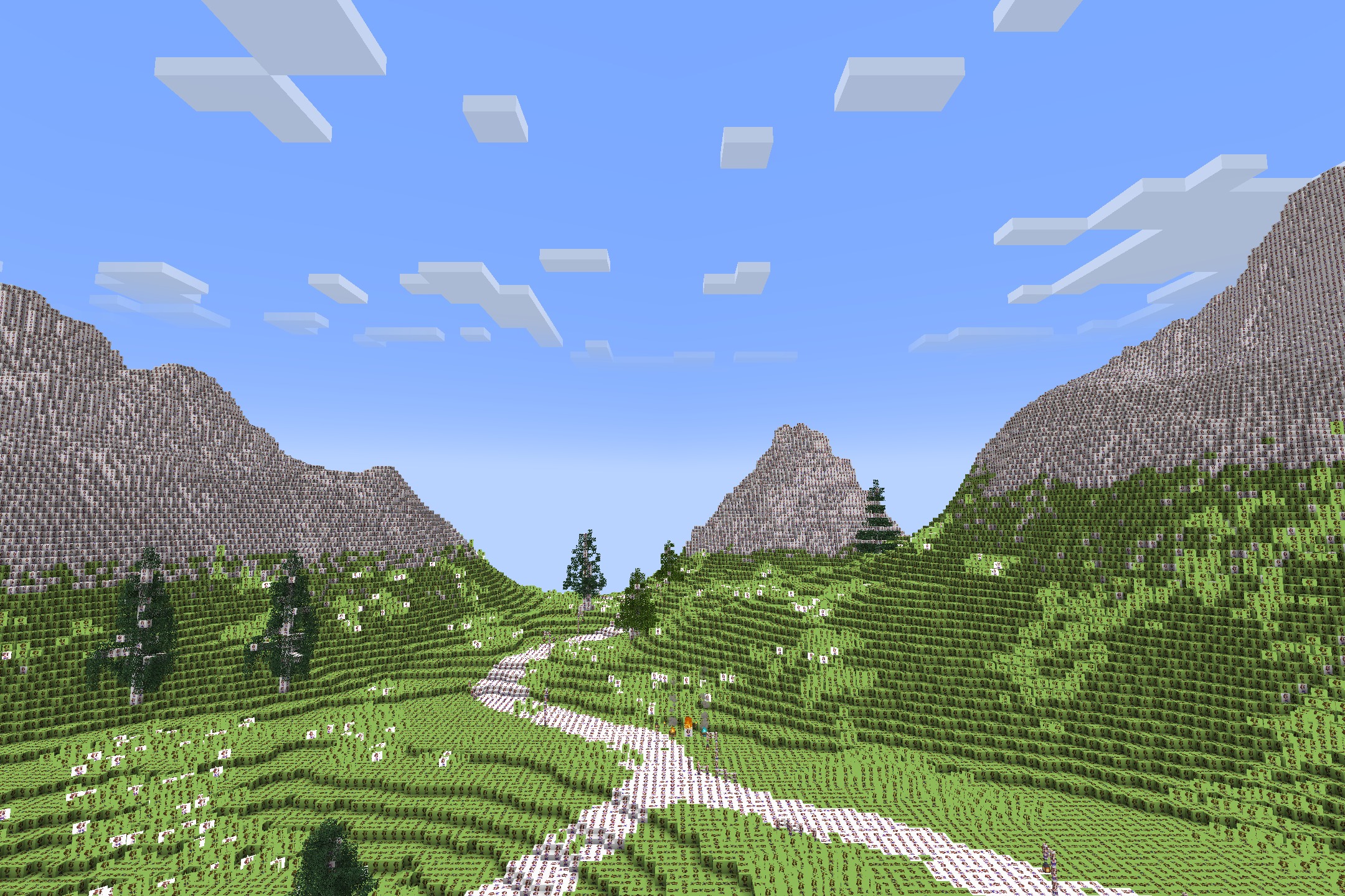 DotoWorld Resource Pack Screenshot 10 Large mountain landscape with paths made of repeating anime character blocks