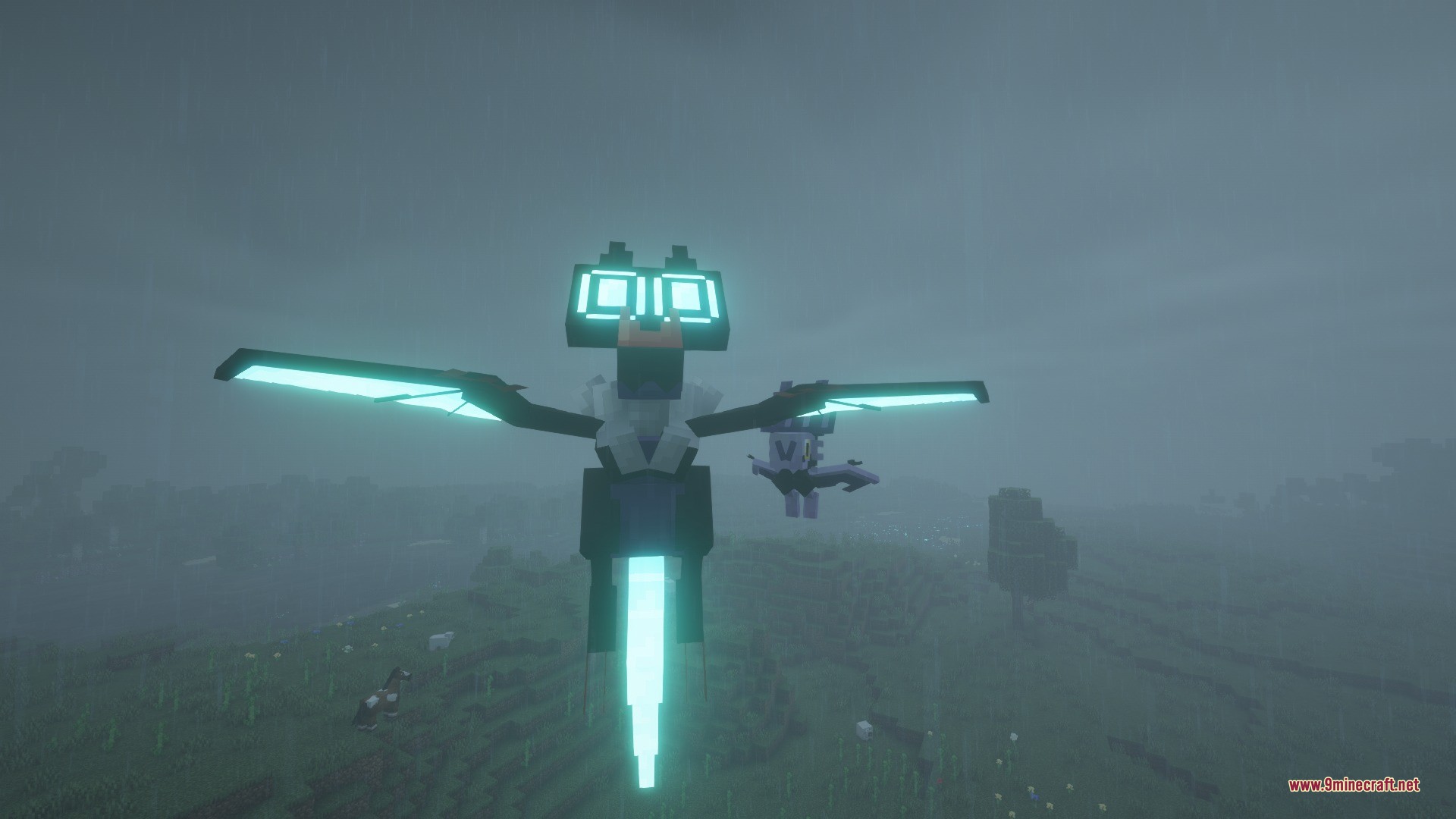 Draco Mon Data Pack Screenshot 1 A futuristic dragon with glowing cyan wings flies through a foggy sky