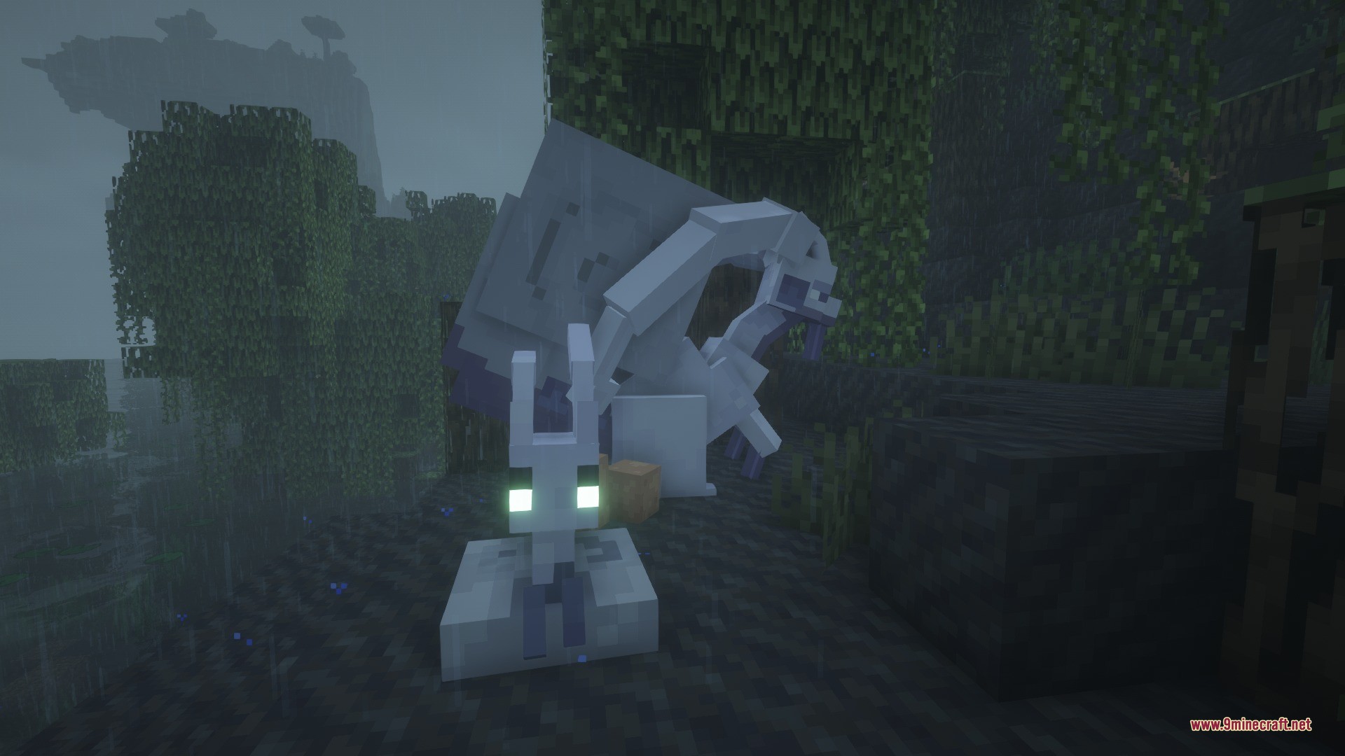 Draco Mon Data Pack Screenshot 2 A small white creature with glowing eyes sits in a dark swamp