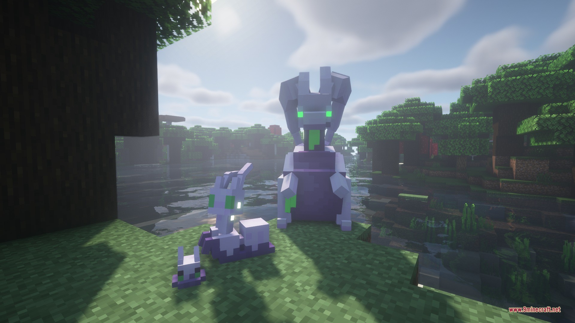 Draco Mon Data Pack Screenshot 3 Goomy Sliggoo and Goodra from Draco Mon standing in a swamp biome