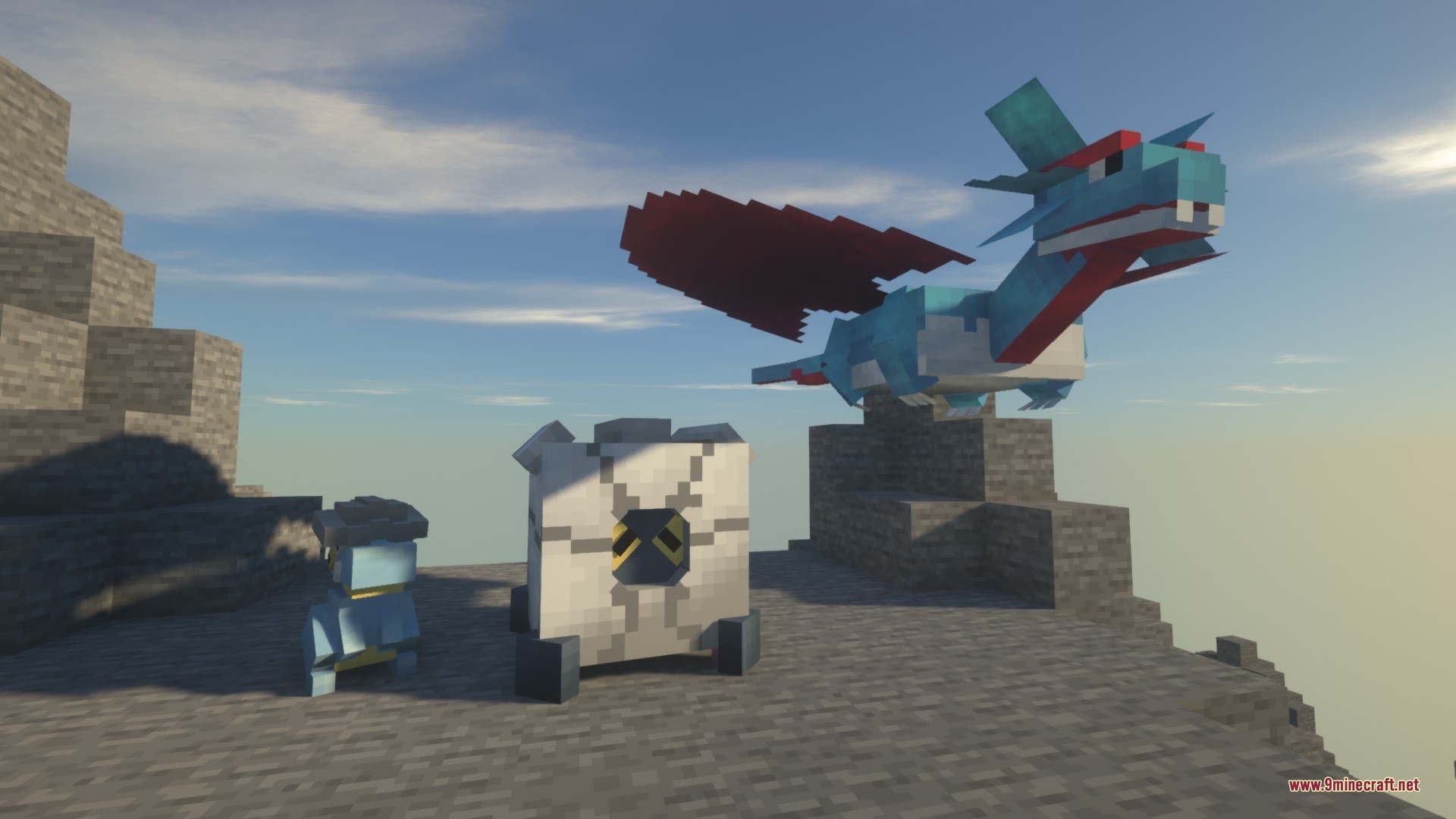 Draco Mon Data Pack Screenshot 4 Bagon Shelgon and Salamence perched on a rocky mountain cliff in Minecraft