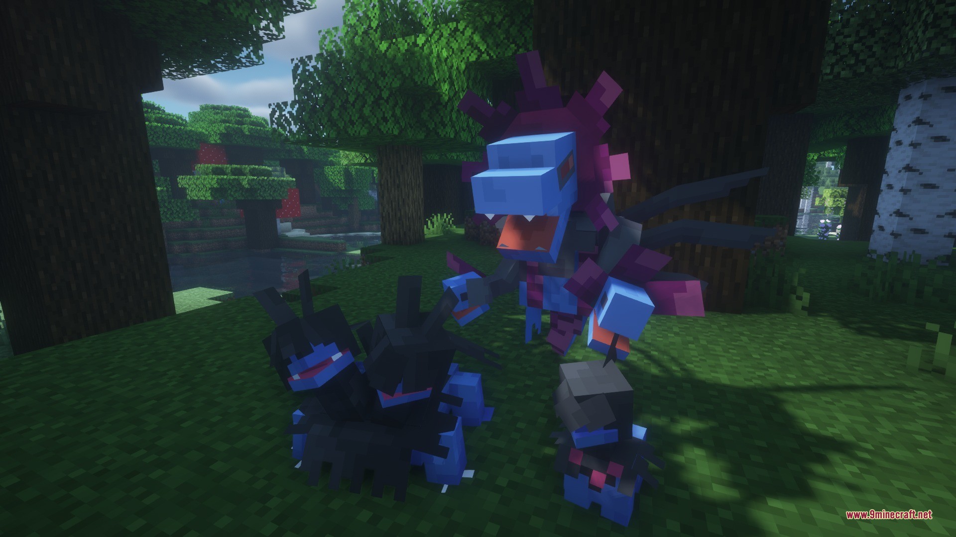 Draco Mon Data Pack Screenshot 5 Hydreigon and its evolutionary line standing together in a dark oak forest