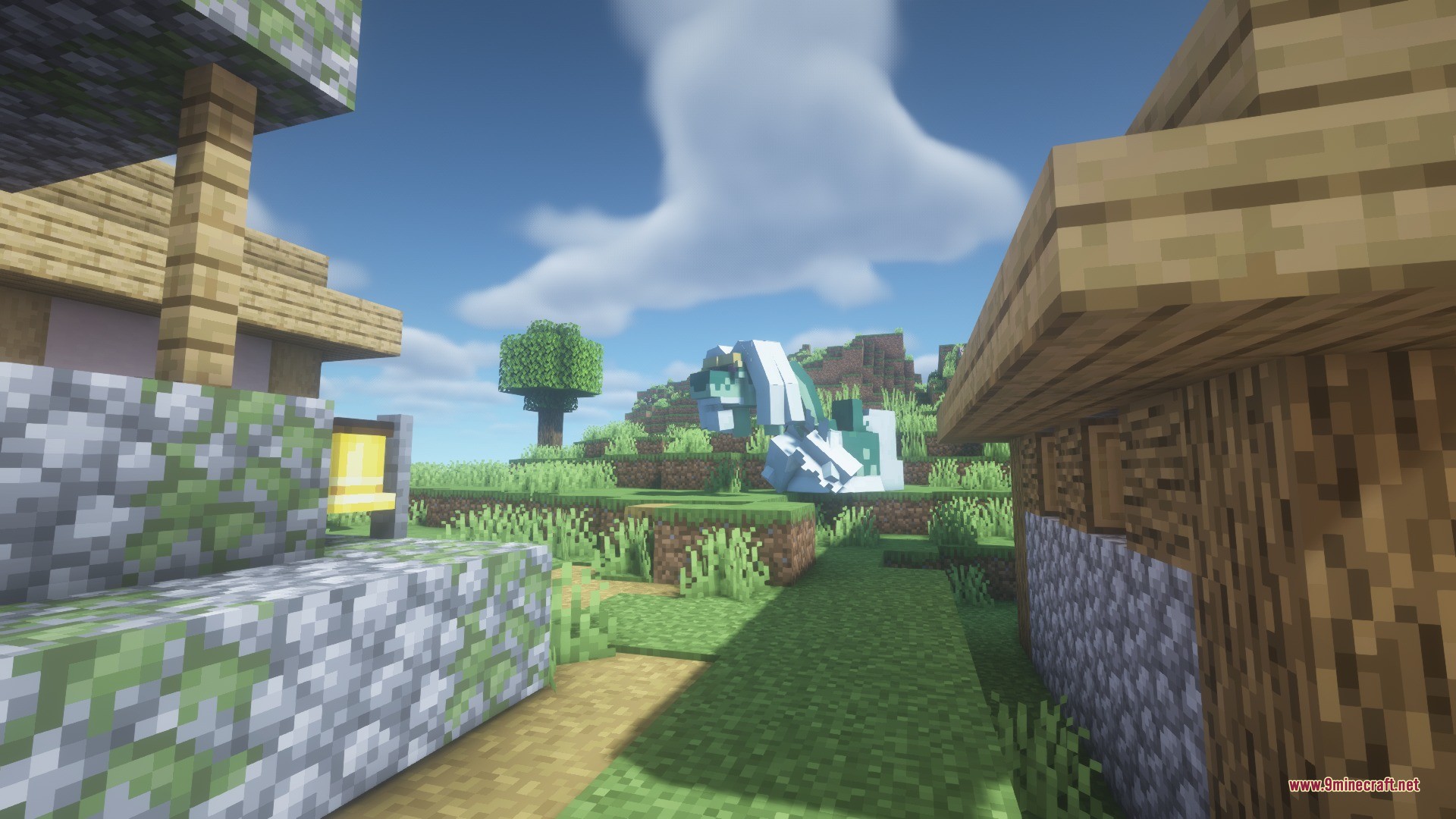 Draco Mon Data Pack Screenshot 6 A large Drampa creature standing near houses in a peaceful Minecraft village