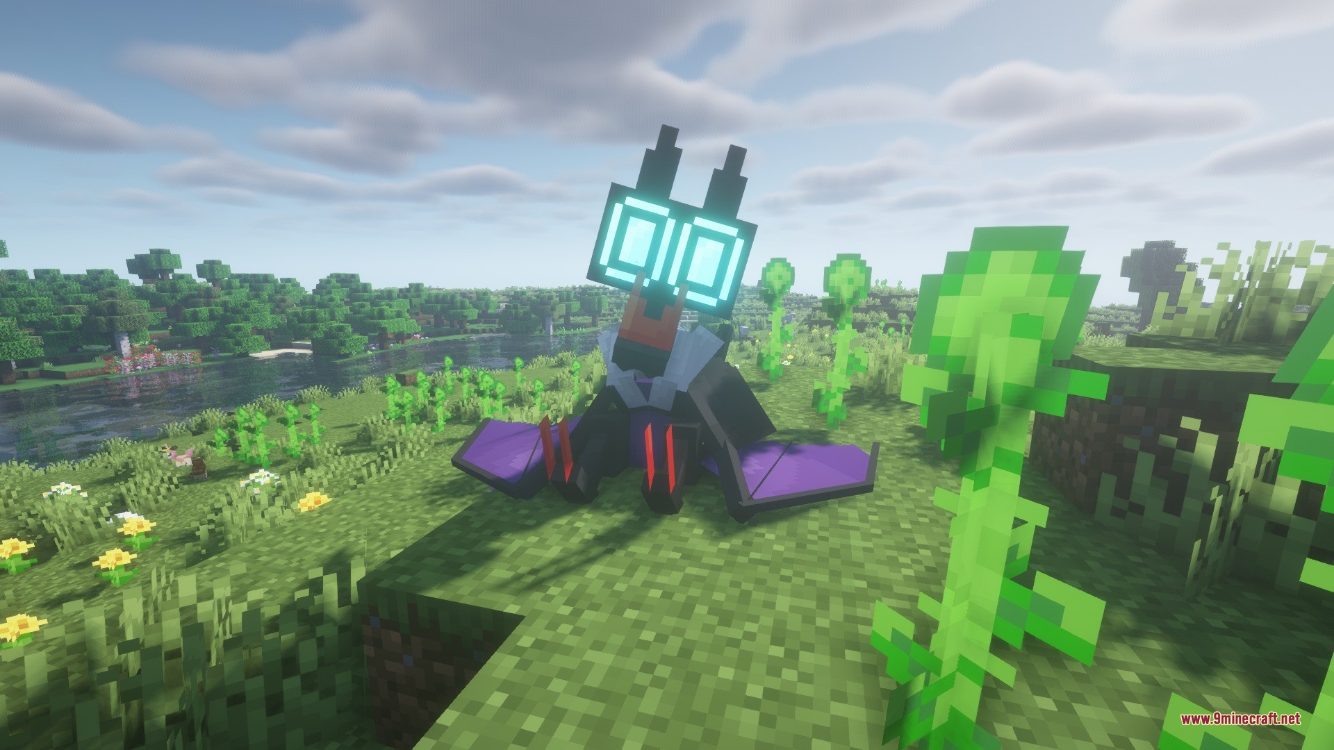 Draco Mon Data Pack Screenshot 8 Noivern sits on a grassy hill surrounded by flowers and green plants