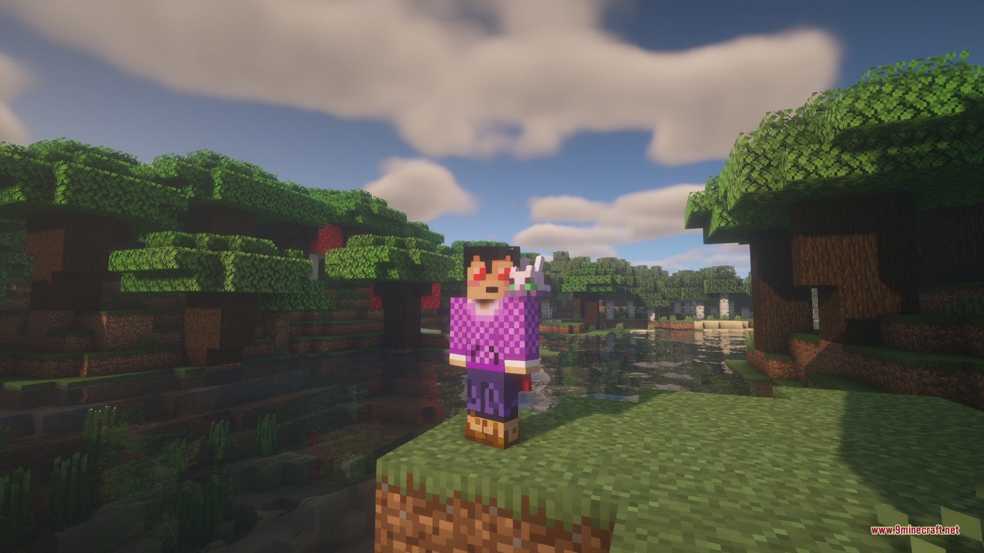 Draco Mon Data Pack Screenshot 9 A Minecraft player standing by a river with a Goomy on their shoulder